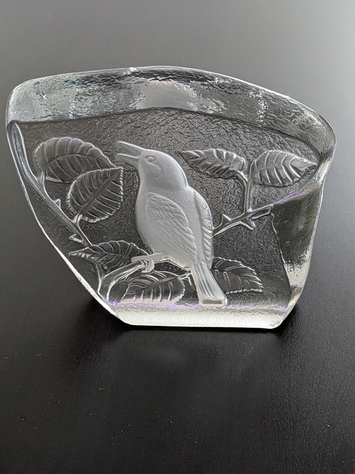 Mid Century Clear Glass Block Etched Bird Paperweight Unsigned 4.5″ Tall