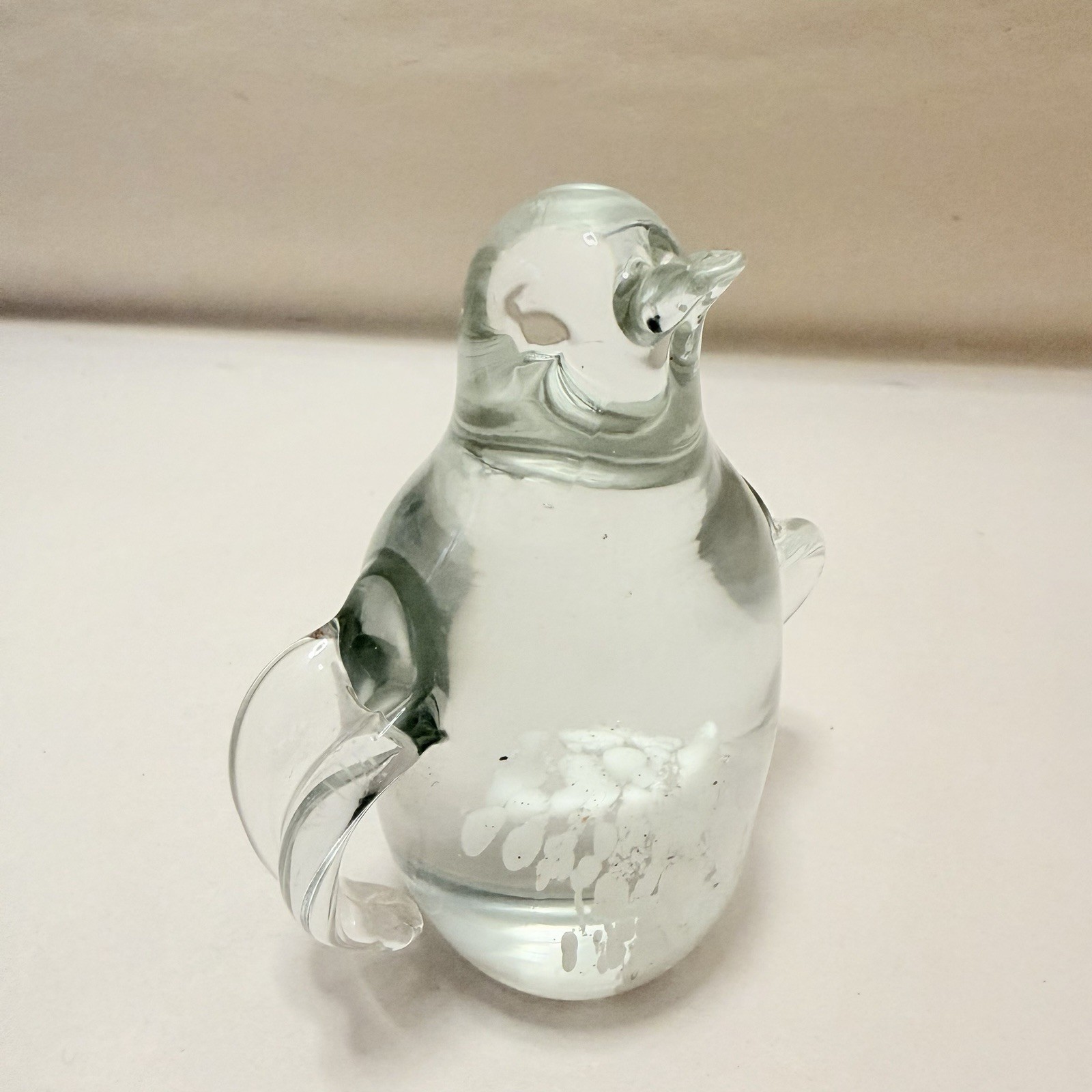 Penguin Figurine Art Glass Clear White Speckle Boho VTG Handmade Crystal Gift