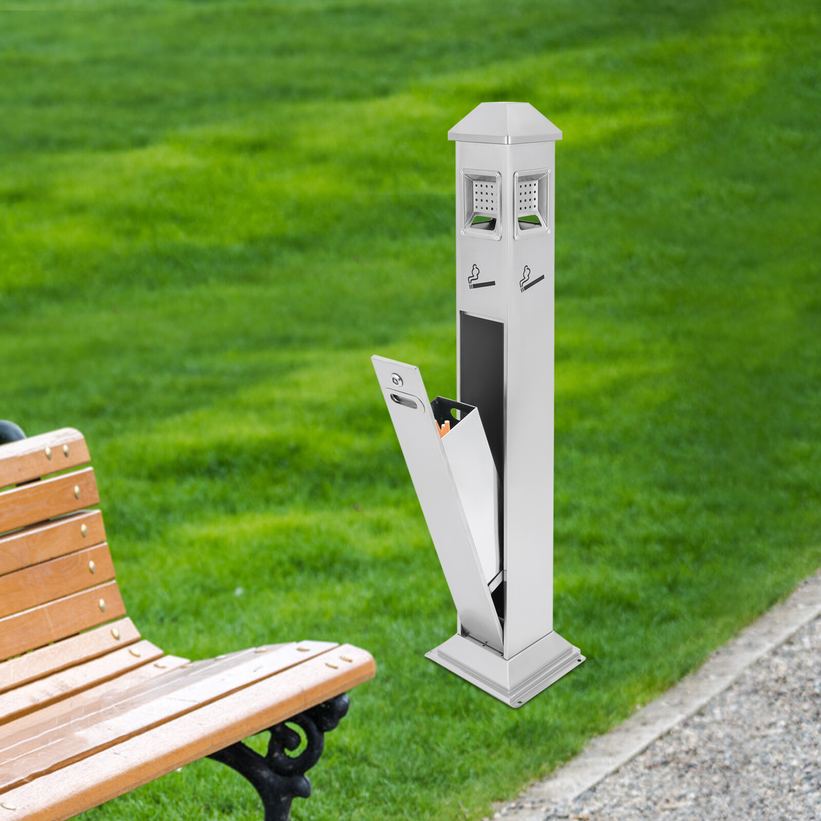 Freestanding Outdoor Stainless Steel Cigarette Butt Receptacle – Silver