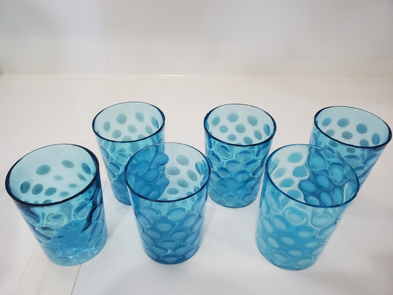 7 PC -OPALESCENT AQUA BLUE WATER COINSPOT RUFFLE TOP PITCHER & 6 GLASSES