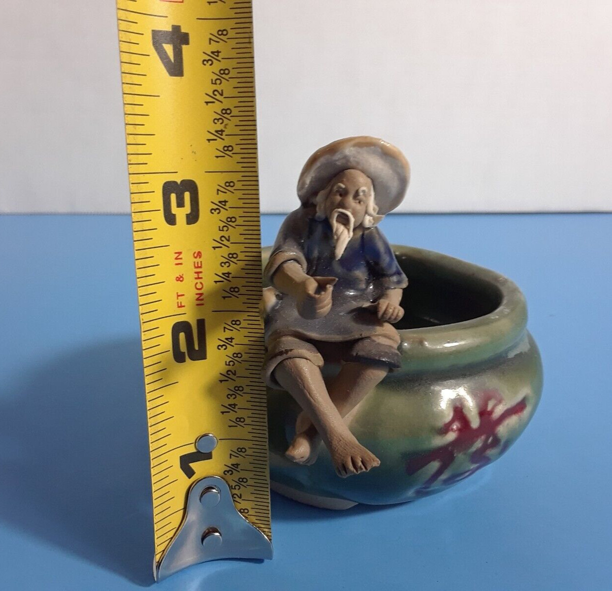 Vintage Chinese Mudman on Side of Round 3.25 in Glazed Pot Trinket Dish