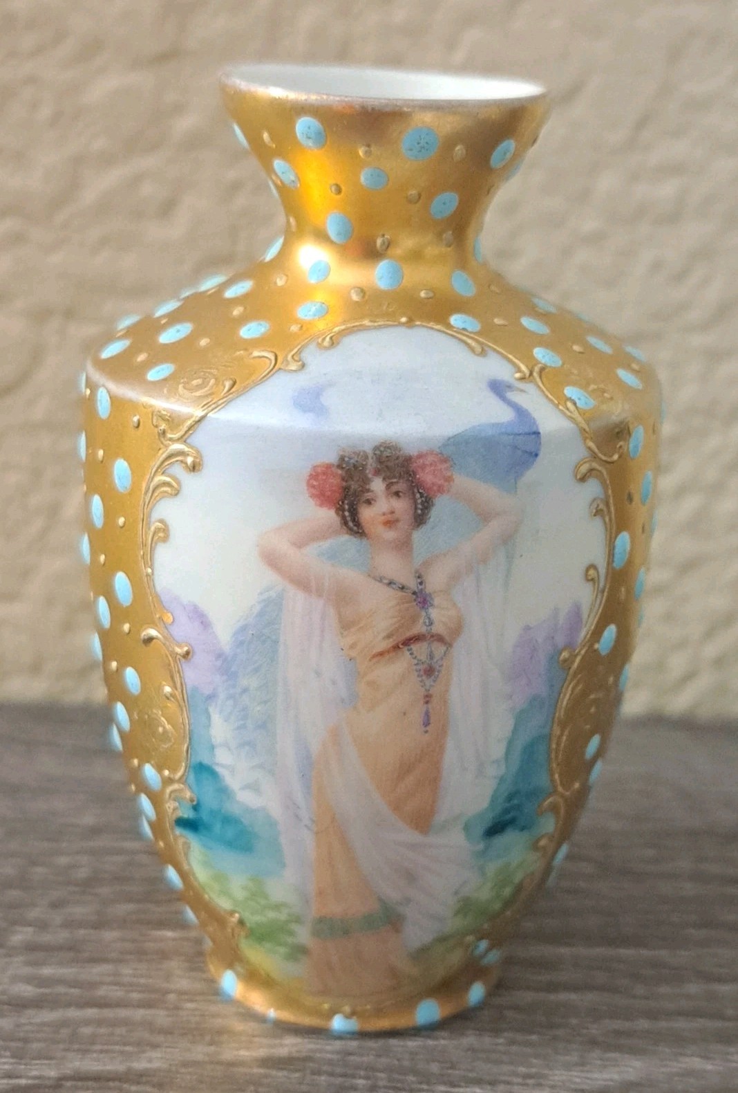 Antique PROV SAXE ES GERMANY 3.5″ Bottle Vase Lady & Peacocks Blue Dottted Gold