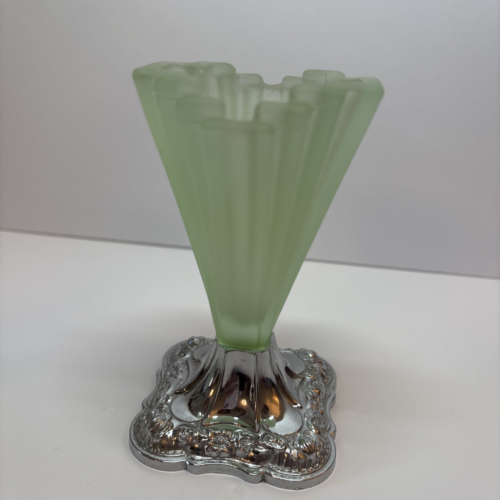 Vintage pair bagley grantham art deco frosted green glass vases chrome base