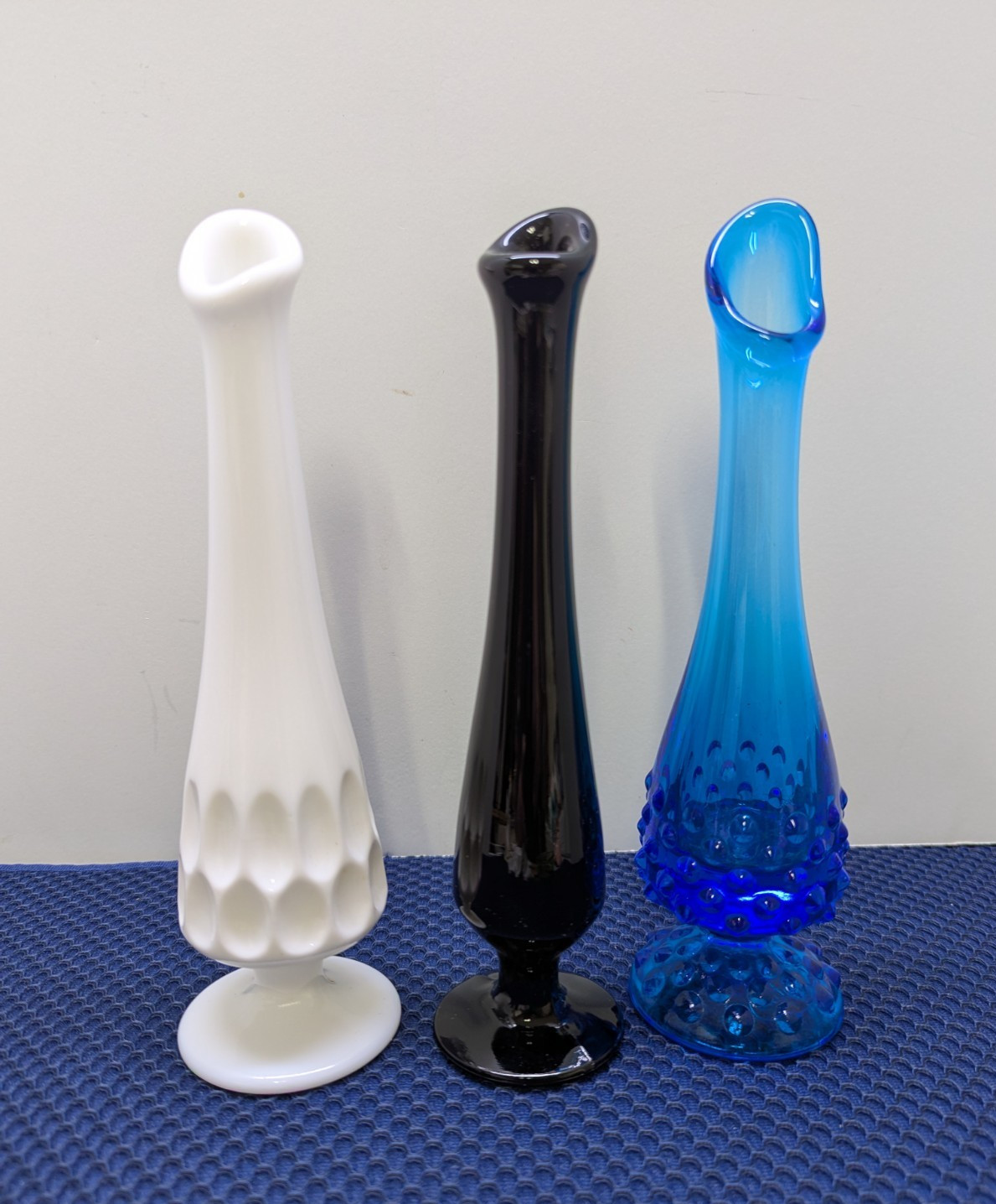 3 vtg Swung Glass Bud Vases Fenton Blue Hobnail, Milk Glass Thumbprint + Ebony