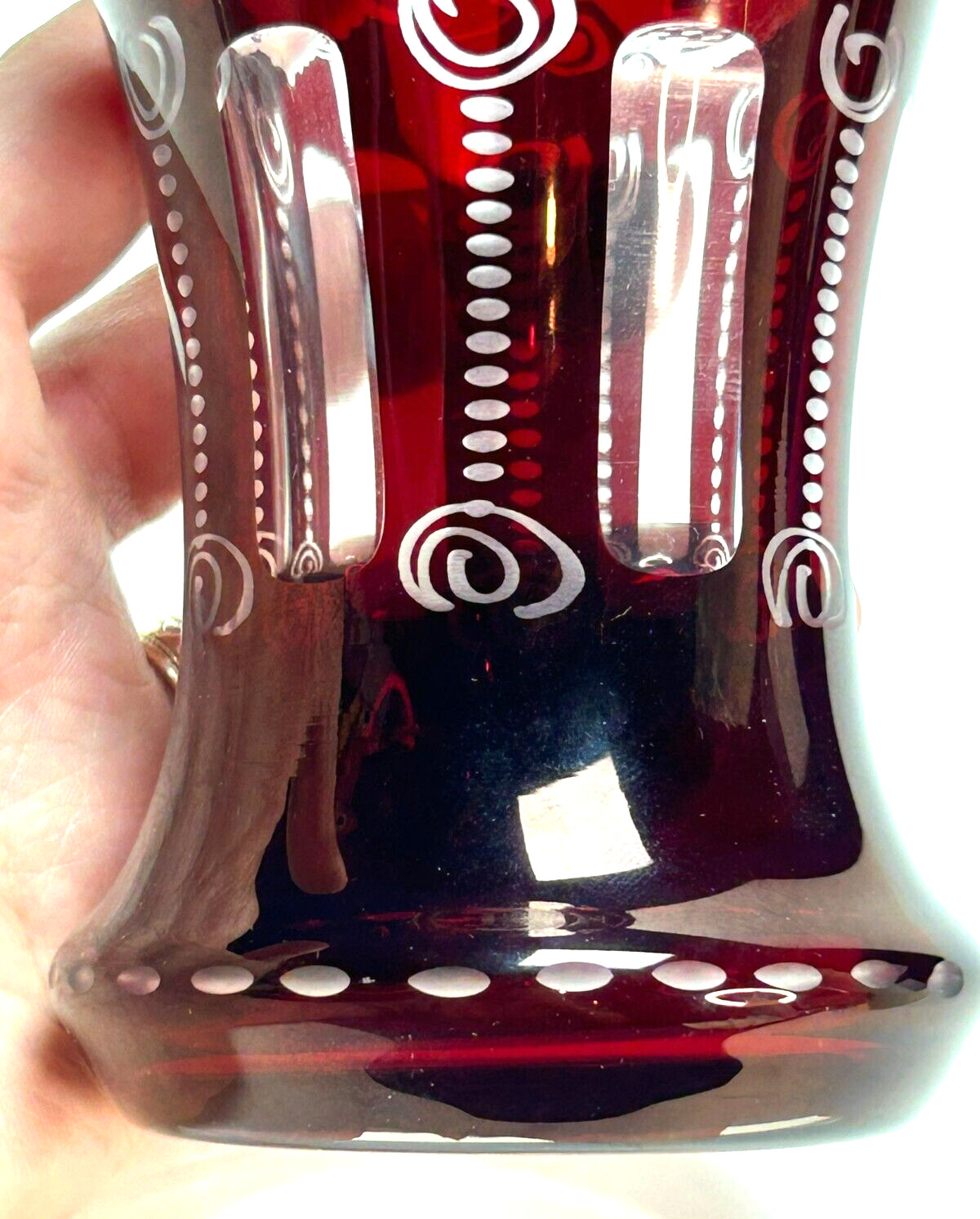 VERY GOOD! Vintage 7″ BOHEMIAN RUBY CUT TO CLEAR TRUMPET VASE