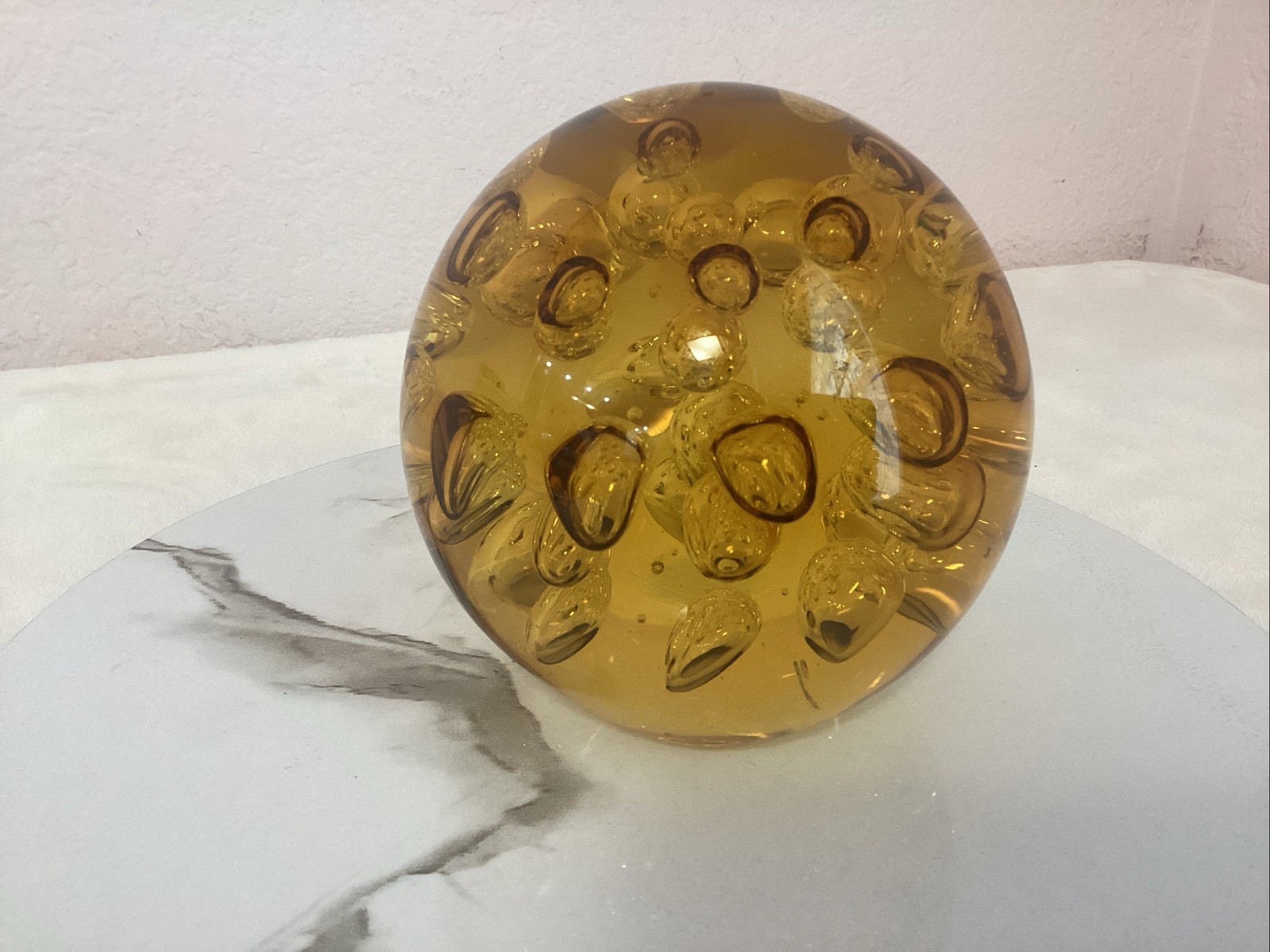 VTG 5” Murano Amber Art Glass Sphere Ball Paperweight Controlled Bubbles 4 lbs