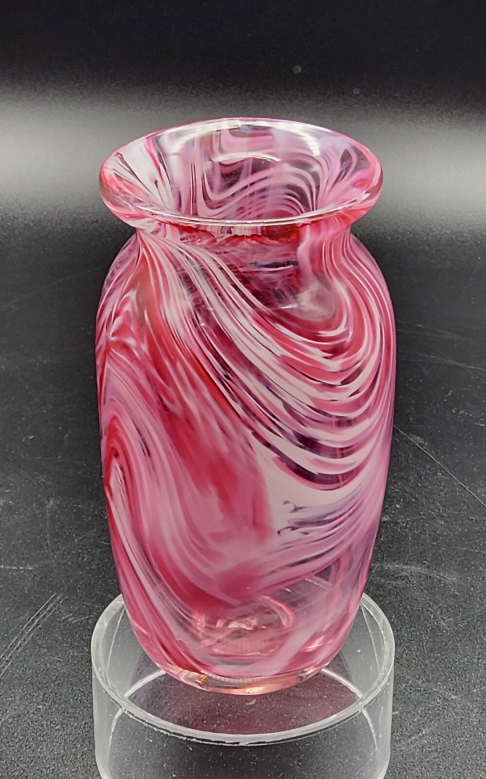 Art Glass Vase Pink White Abstract Swirl Cased Clear Polished Pontil 6″T Heavy