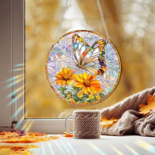 Stained Glass Window Hanging Sunrise Suncatcher, 8 Inch Round Gold Butterfly