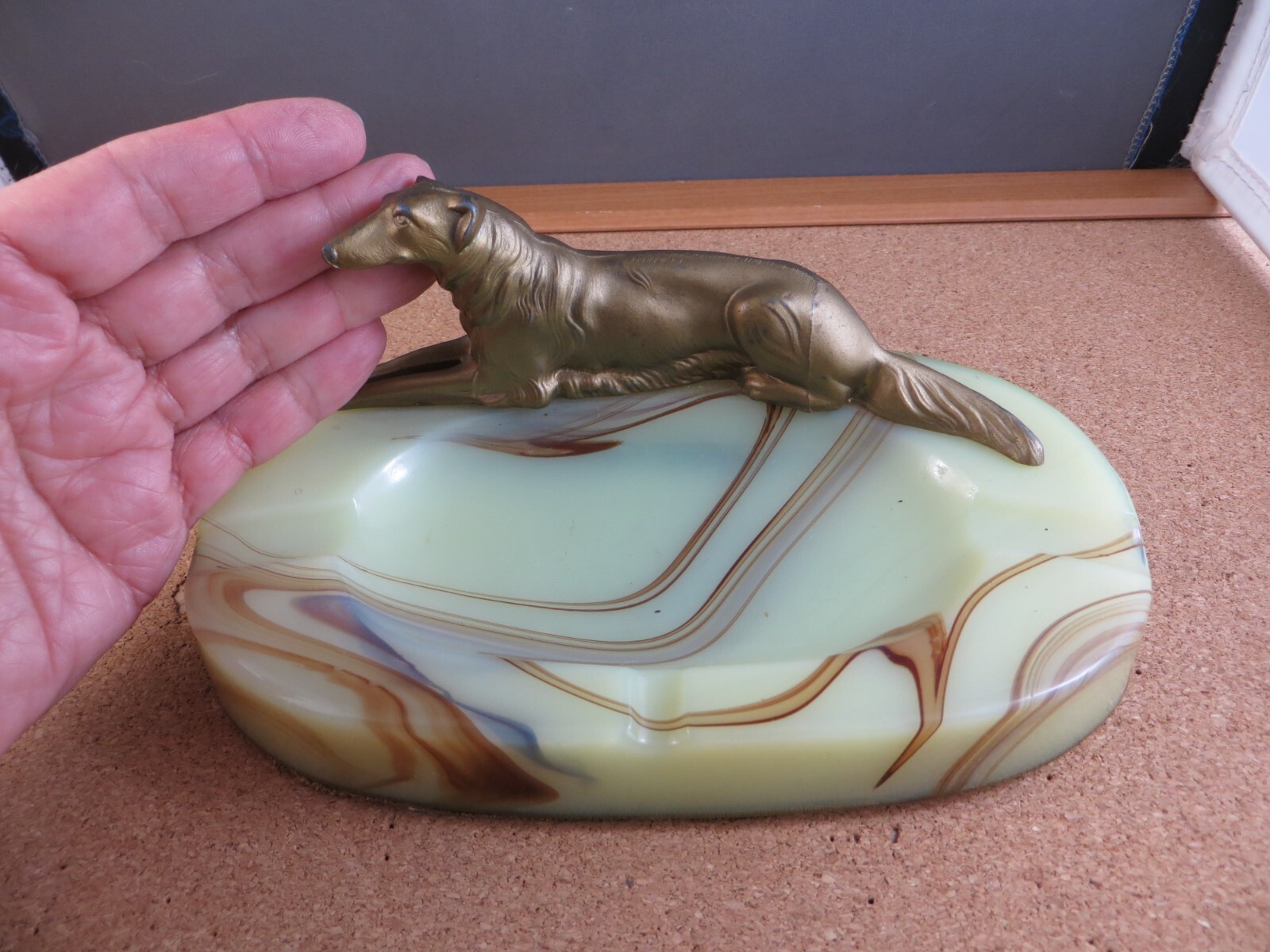 Antique Bronze Enamel Metal Borzoi Dog Figurine Swirl Stripe Slag Glass Ashtray
