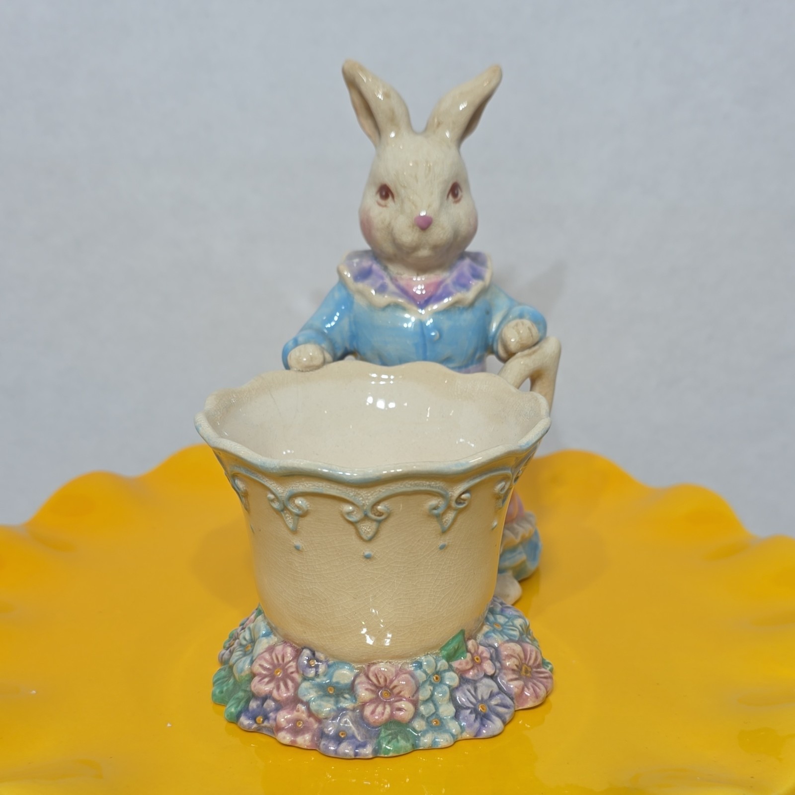Department 56 Ceramic Rabbit Easter Bunny Tea Cup Candle holder Floral Pastel