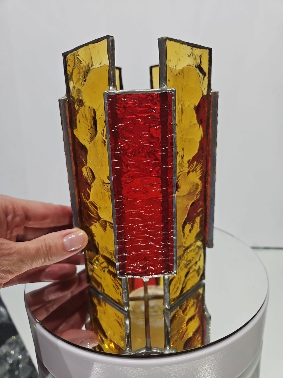 Candle Holder votive or tealight, Panels of Stained glass in Amber & Ruby Red.