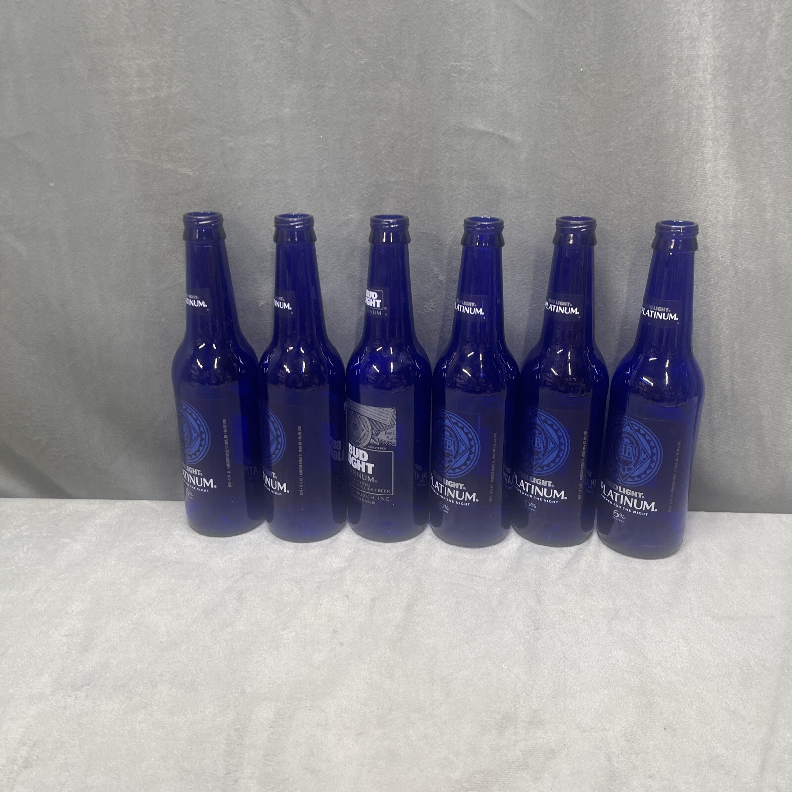 Labels On Lot Of 6 COBALT BLUE BEER BOTTLES Vases Flowers Crafts Wind Chime Tree
