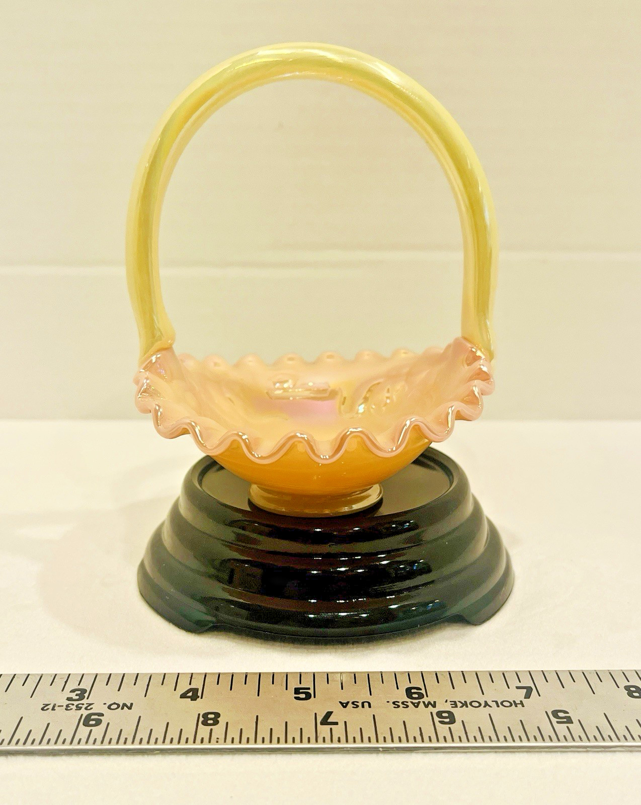 Vintage Fenton Art Glass Basket Dorothy Taylor Kitten UV Iridized Burmese 1991