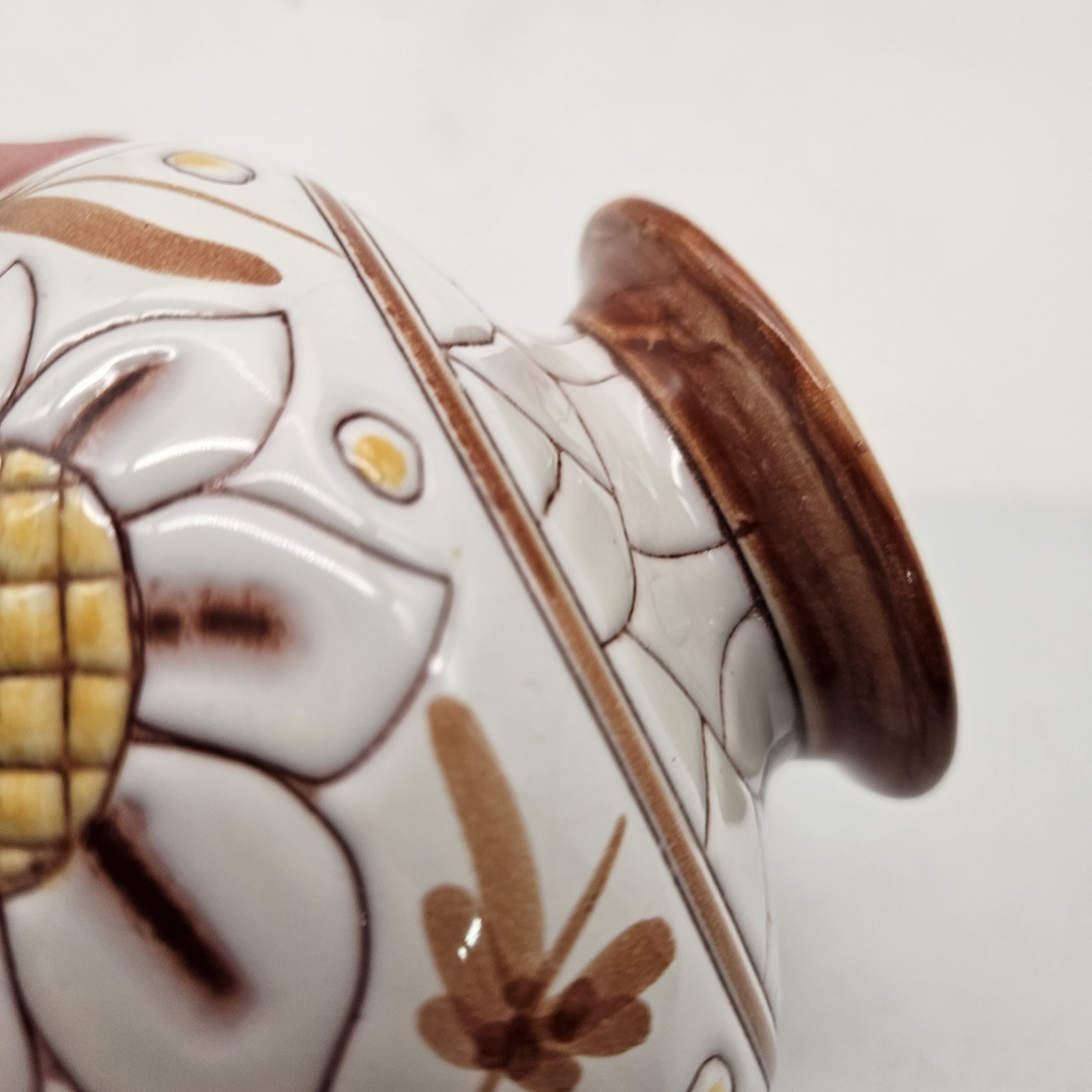 Vintage Norway Studio Art Pottery Vase 1971 White Brown Yellow Floral