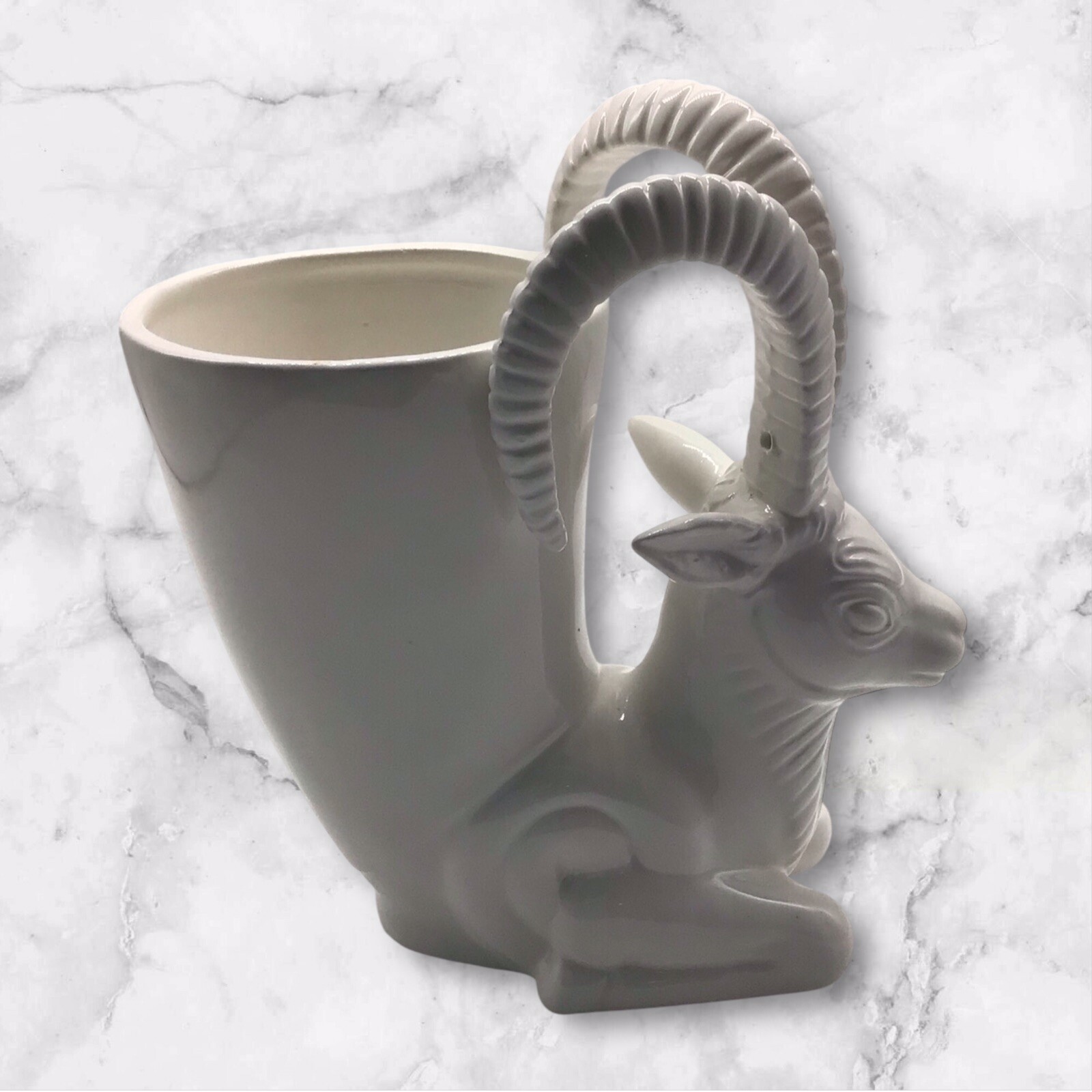 Abigails White Ceramic Ram’s Head Cornucopia Vase Or Planter Art Deco Style