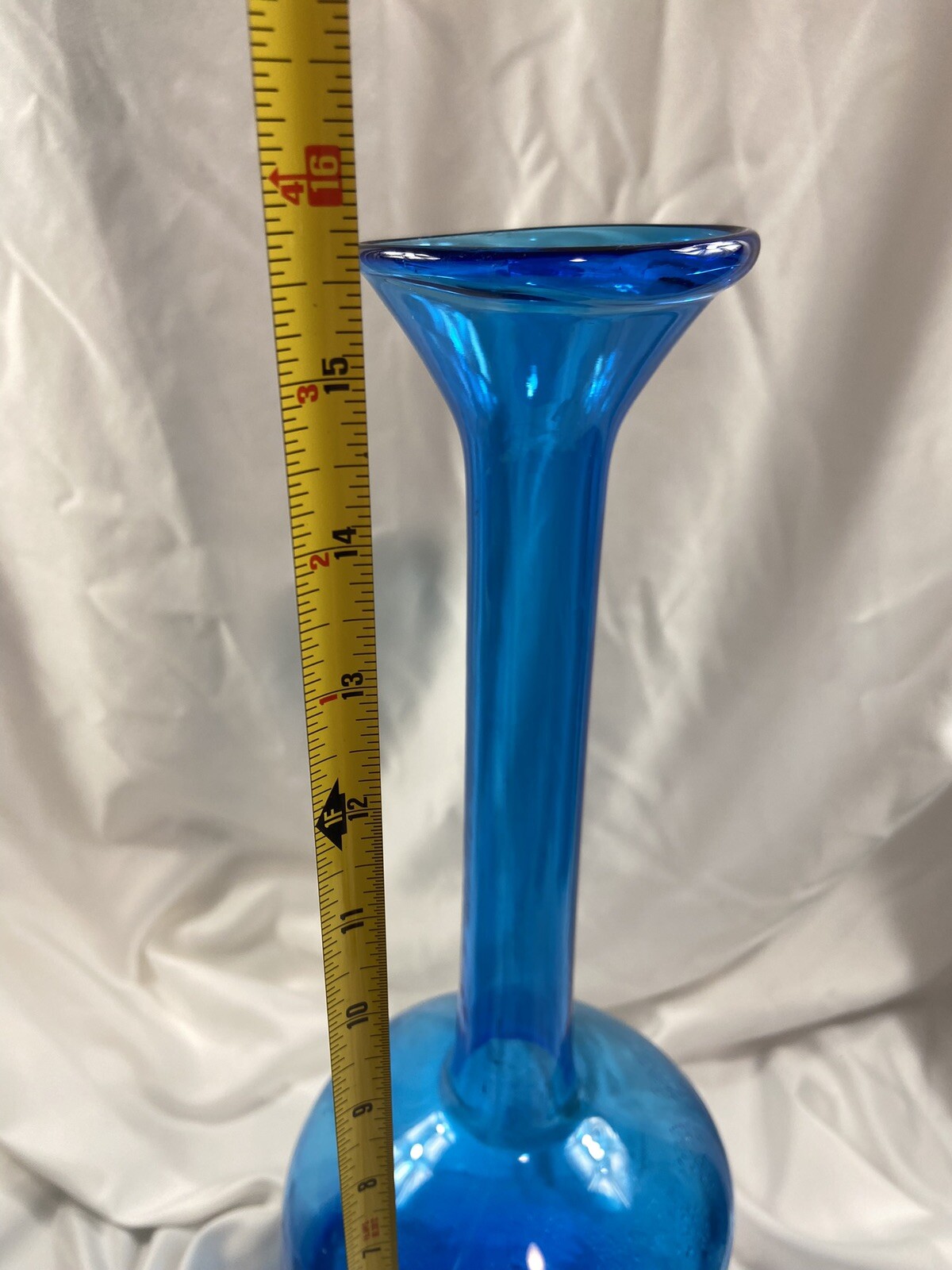 Mid Century Modern Blue Long Narrow Neck Hand Blown Art Glass Vase Tall Vintage