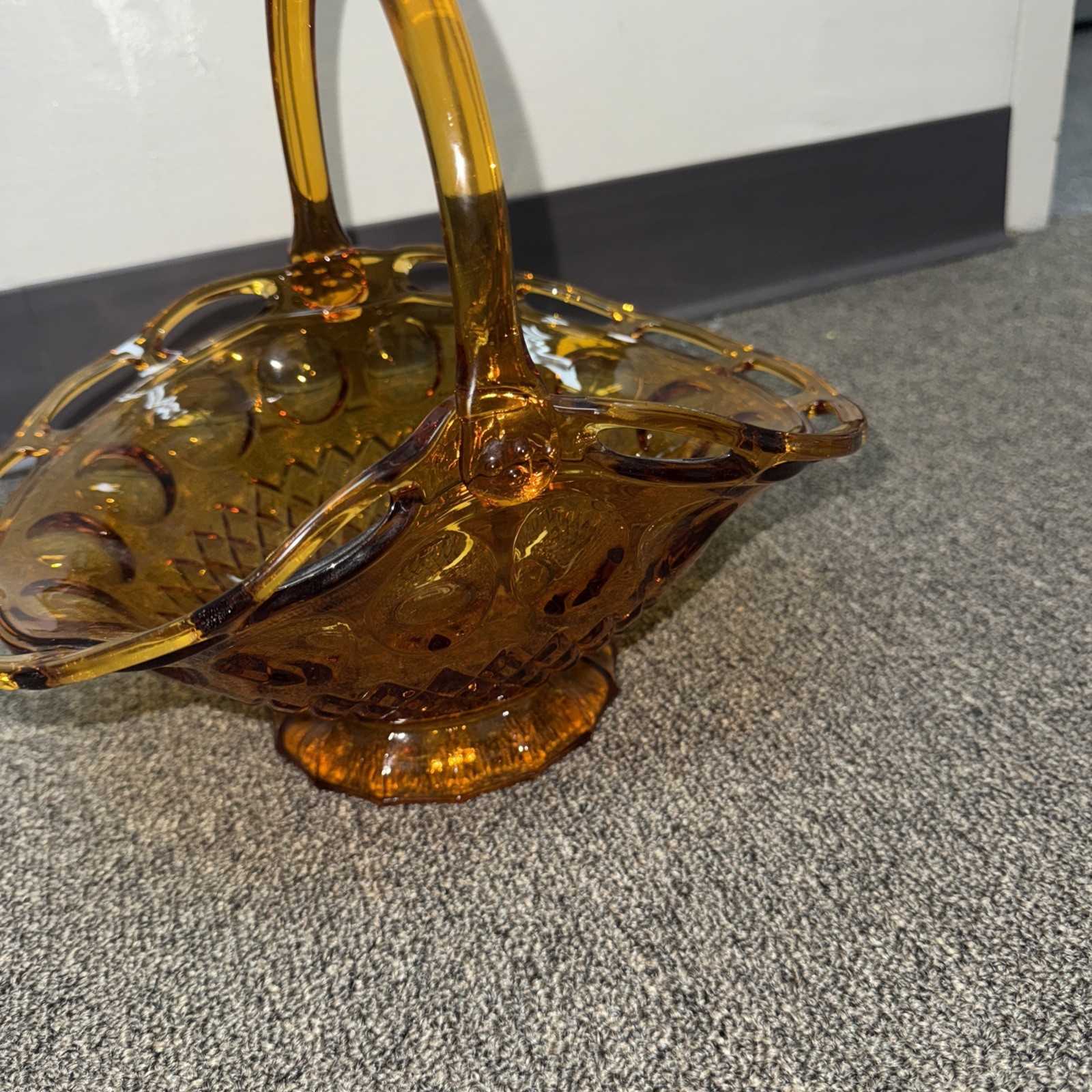 Vintage Pitman Dreitzer Colony Large Open Lave Edge Amber Glass Basket Handle