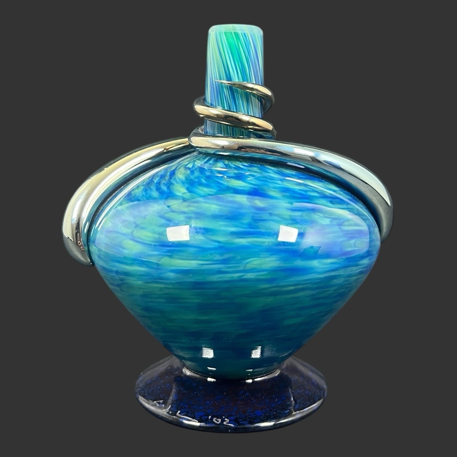 Vintage Blue Green Swirl Art Vase Glass with Silver Metal Wrap Art Decor