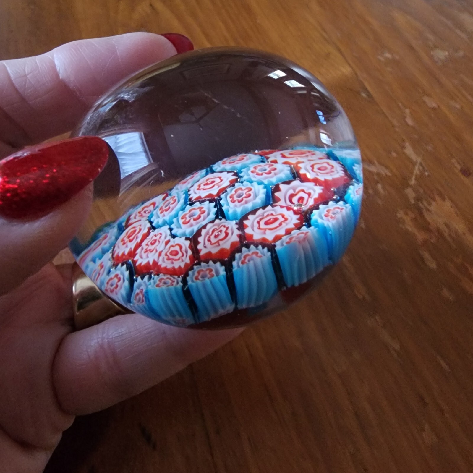 Art Glass Paperweight MiIlefiori Red Blue Floral Round