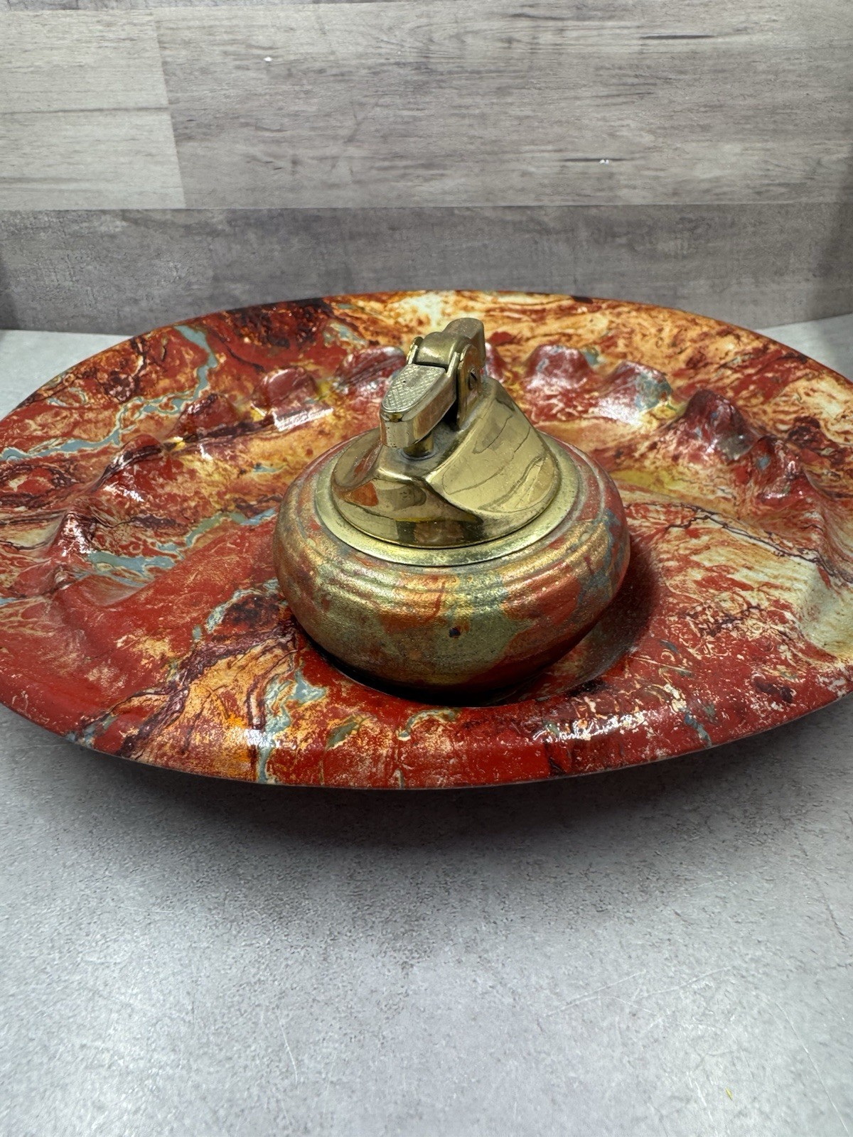 Vintage California USA Original Pottery Ashtray w/ Lighter Red Orange Gold Glaze