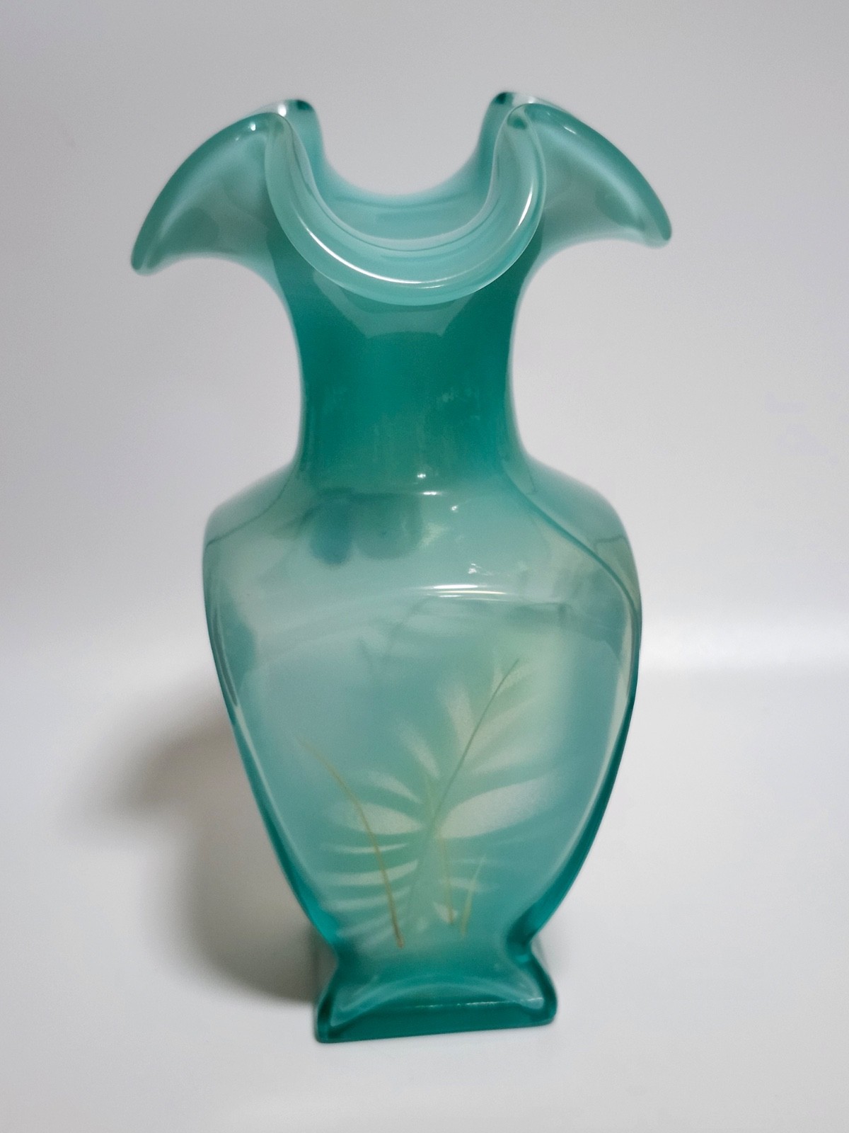 Fenton hand painted robins egg opalescent blue square vase with butterfly