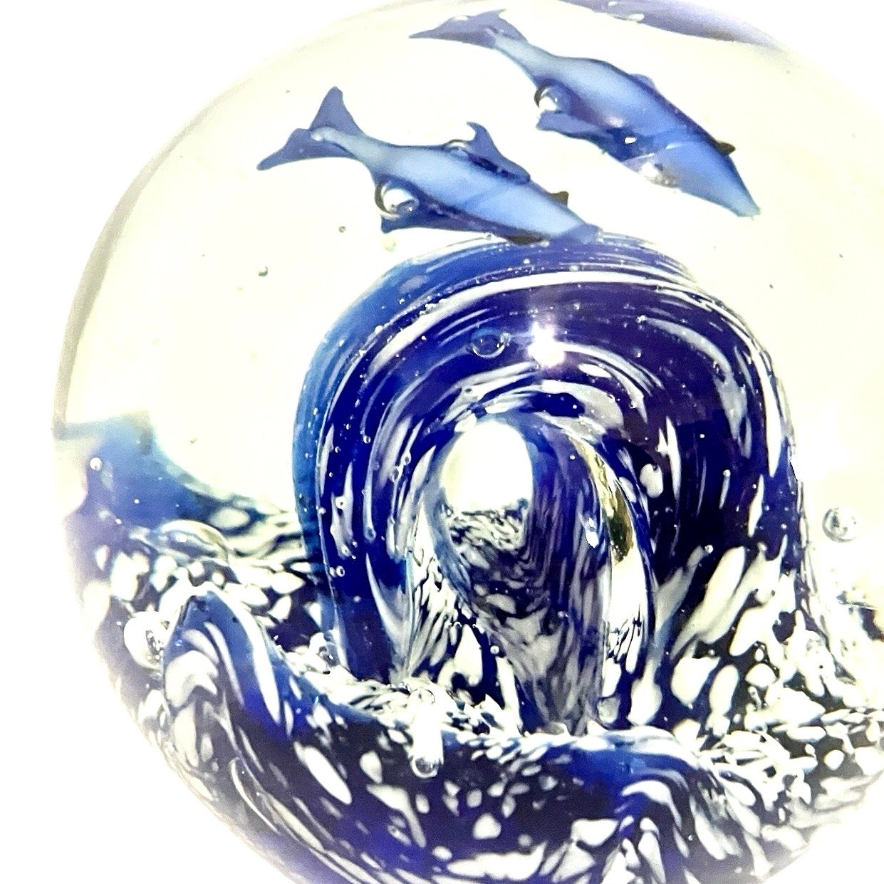 Art Glass Orb Paperweight 4” Sphere Handblown Blue Ocean Waves & Dolphins/ Fish