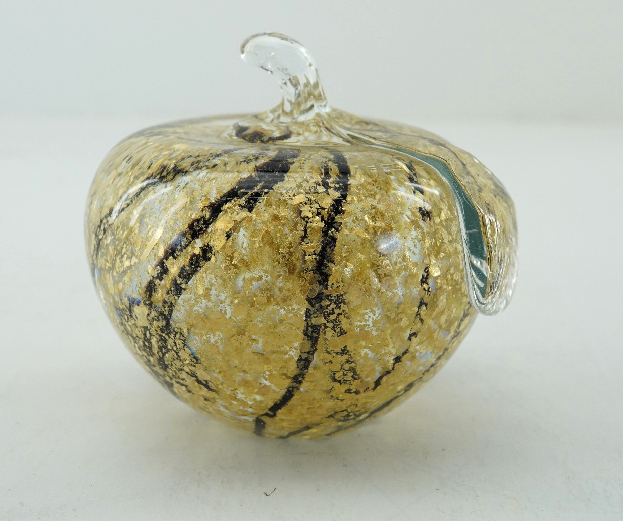 Art glass Multi Abstract clear Apple Paper Weight 2.25 In Decor desk gold black