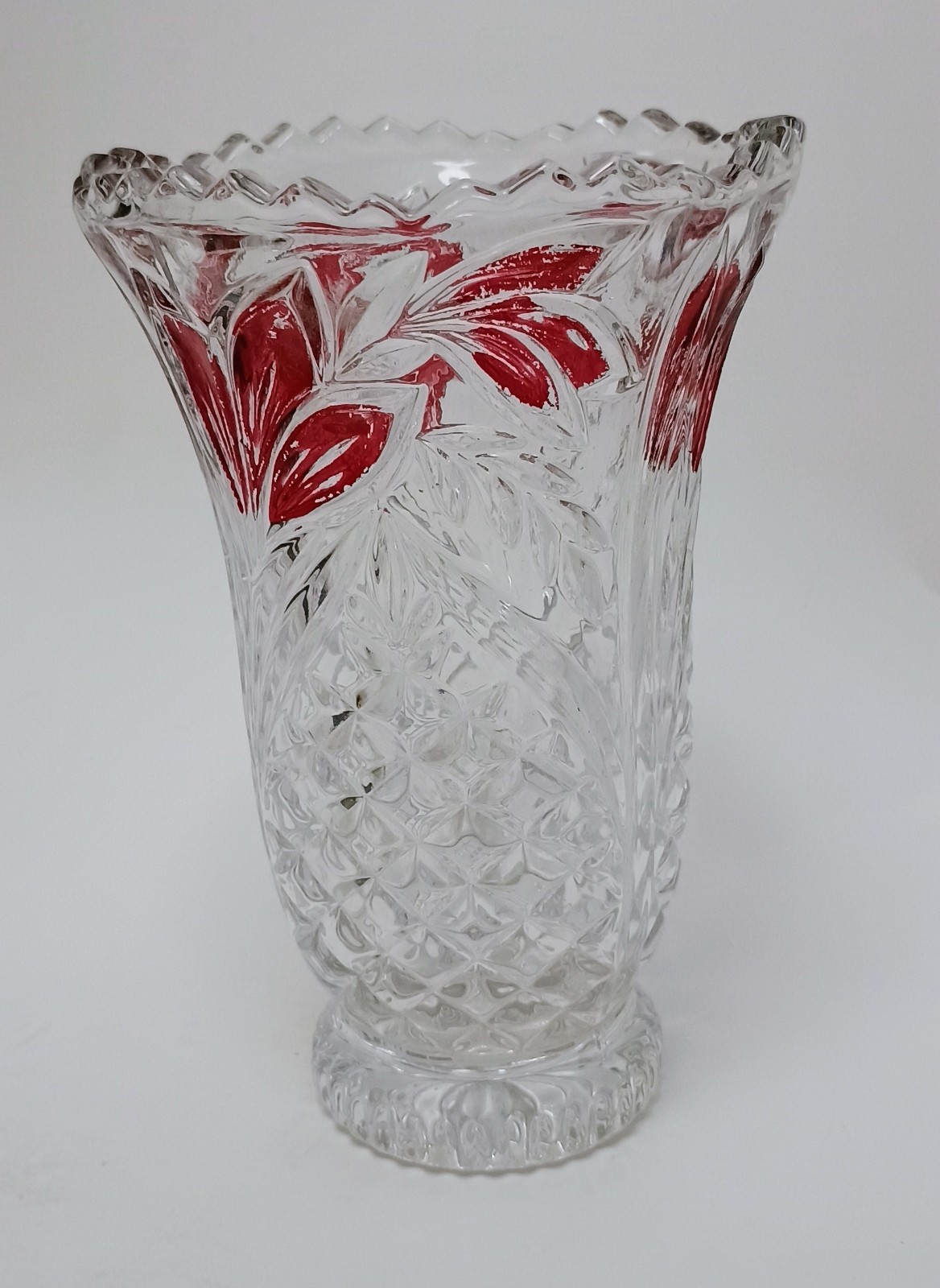 Vintage Ruby Pressed Cut Glass Vase Anna Hutte Lead Crystal Germany