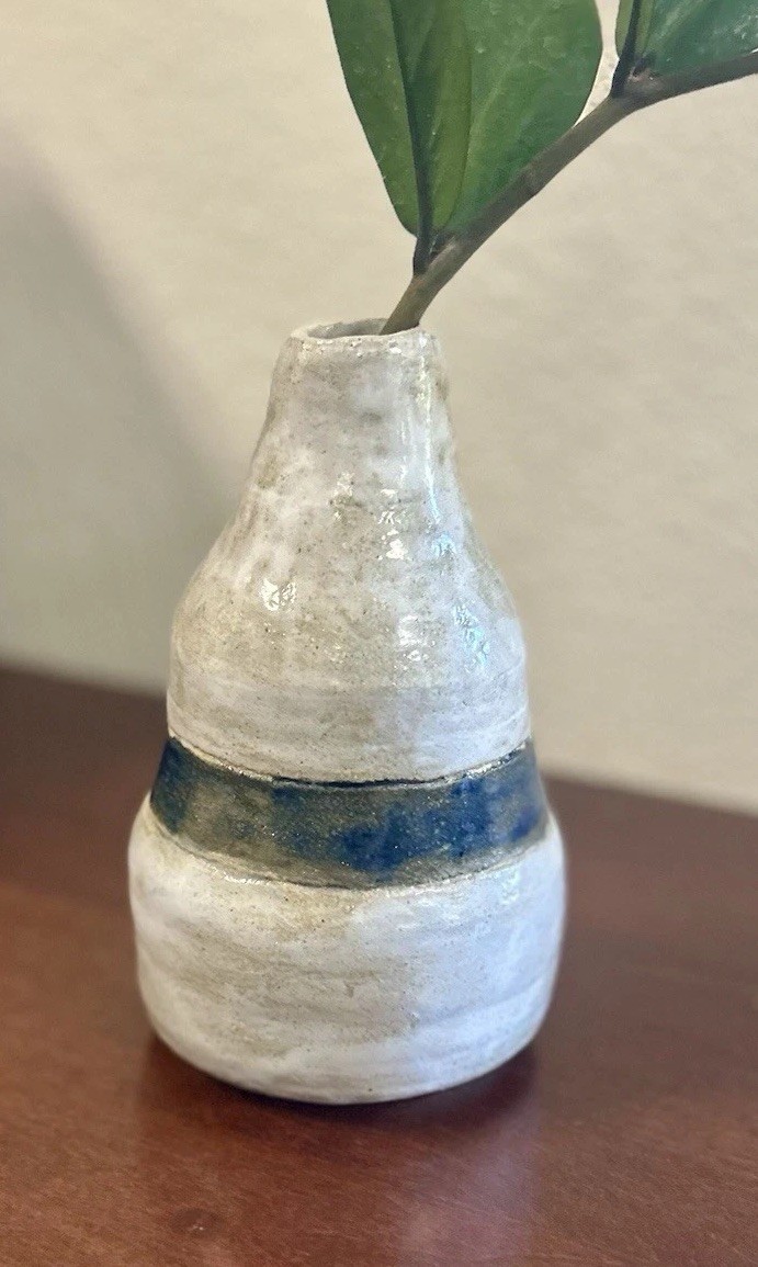 Vintage MCM Signed Textural Studio Art Pottery Beige Earth Tone with Blue Band