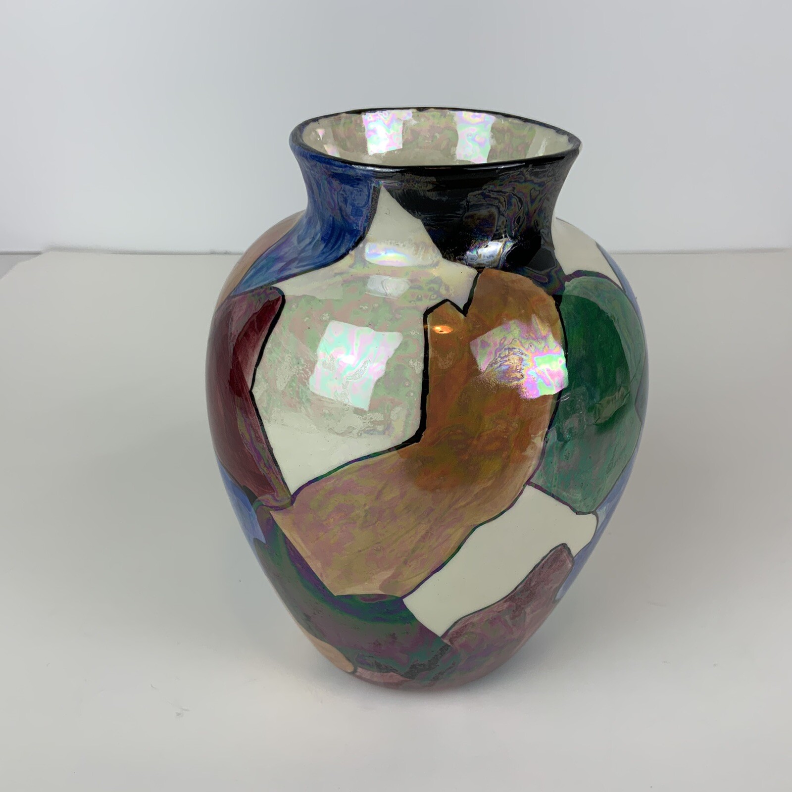 Porcelain Glazed Vase Patchwork Pattern Multi Vibrant Colors – Signed Liz