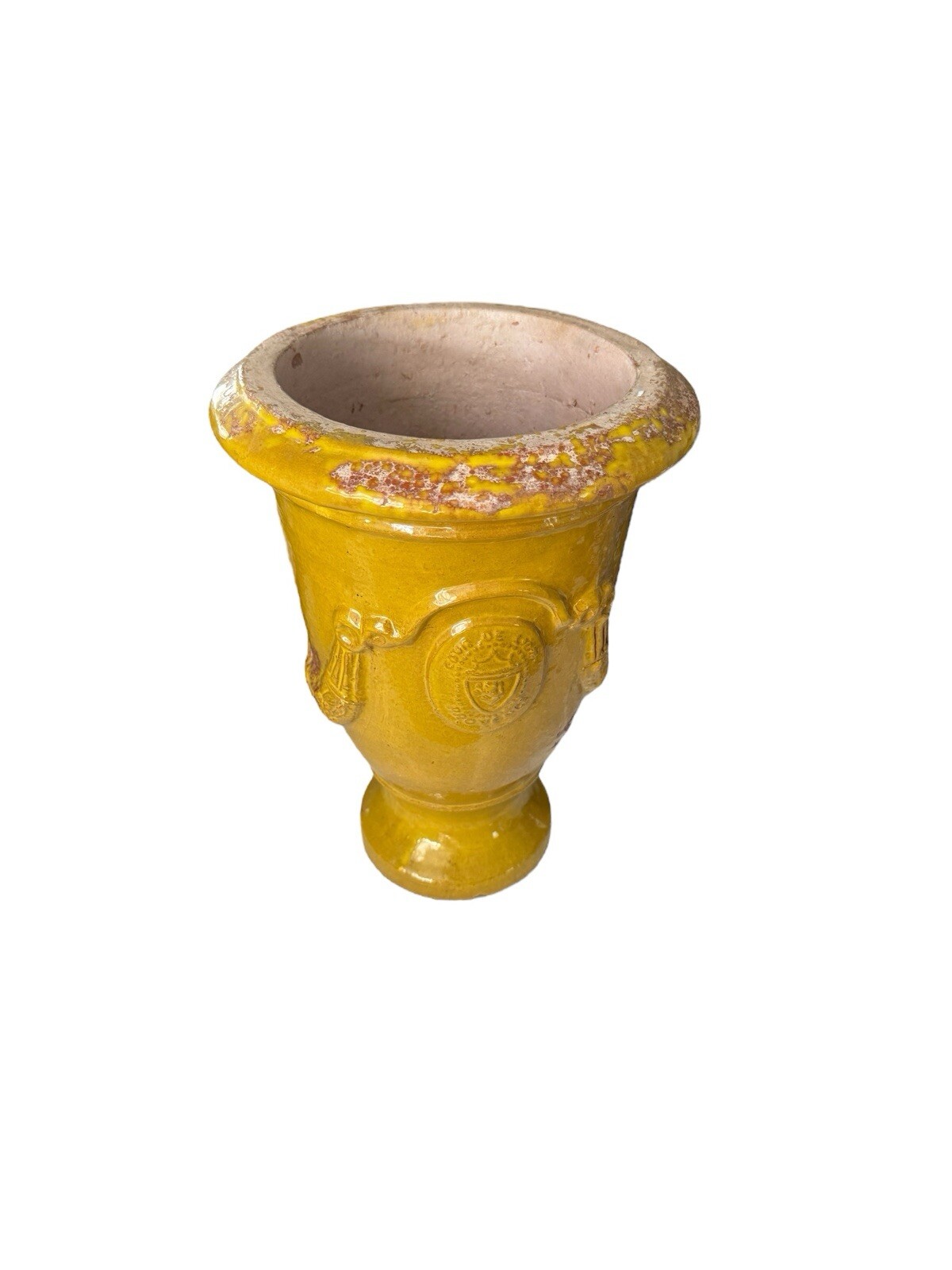 Anduze Cour De Lyon, Provence, Terracotta Urn Planter Yellow Glaze 11.5” h