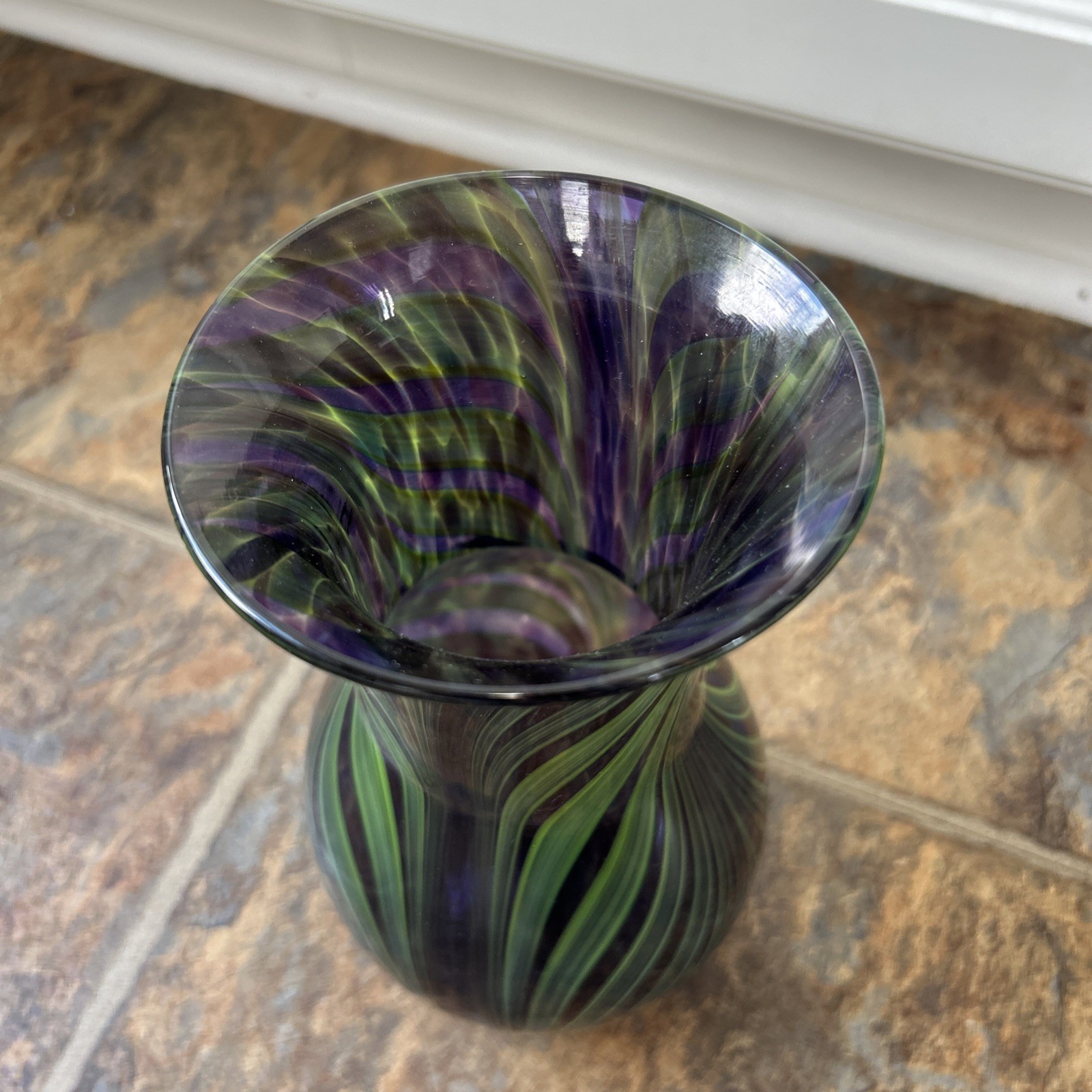 Hand Blown Studio Glass Pulled Feather Purple Green Vase 10” Dan Lotton Inspired