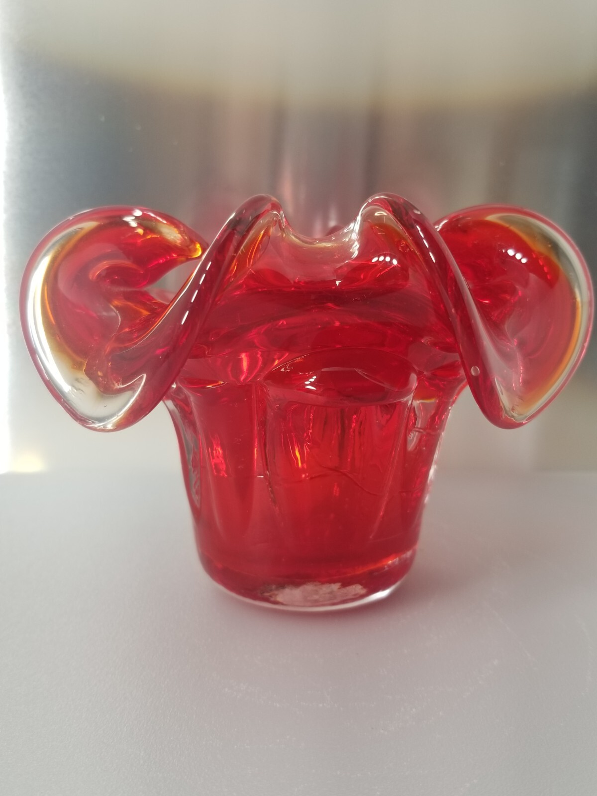 Art Glass * Pedestal Flower Tall Ashtray/Bowl Red * Cased glassroom * 4″ 070