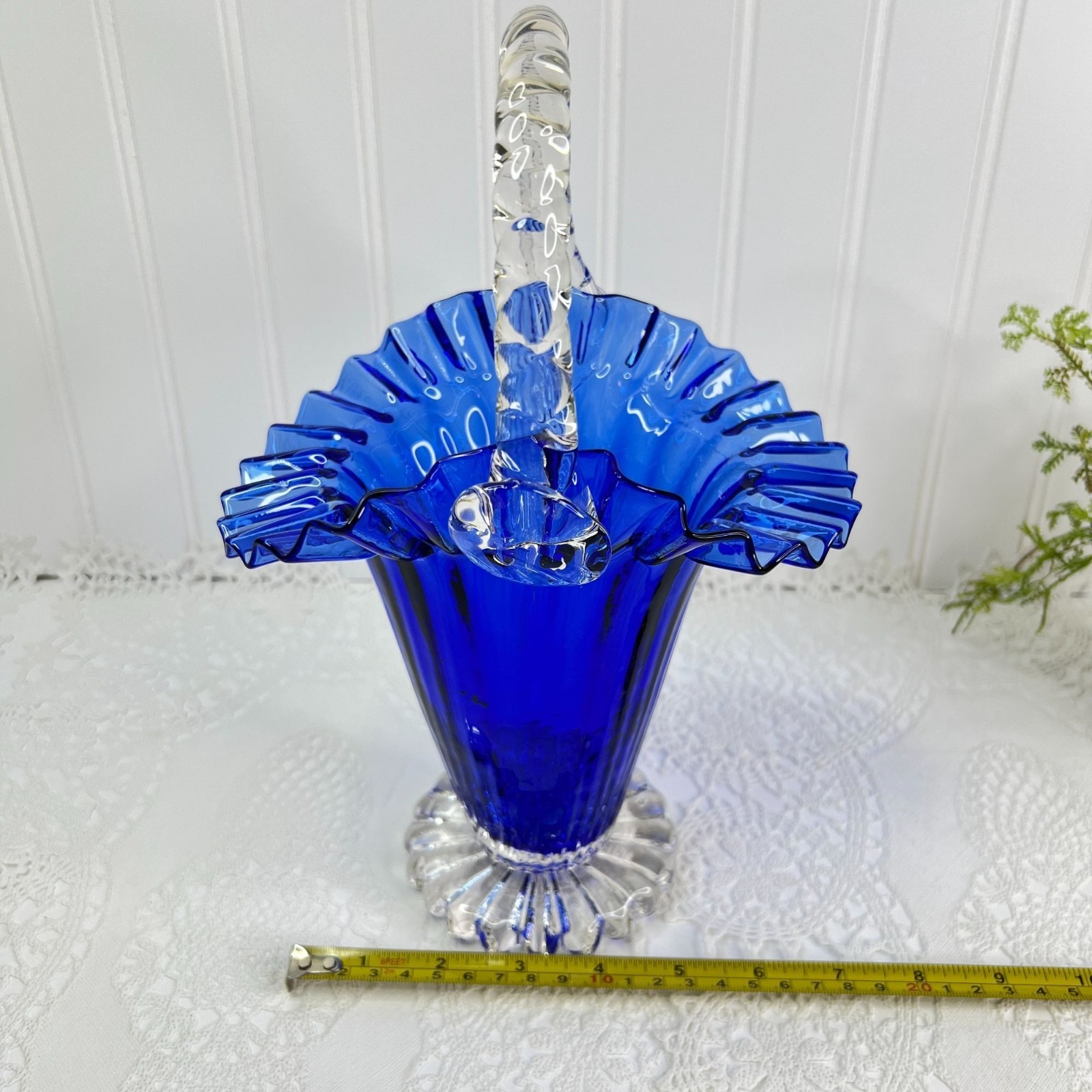 Vintage Cobalt Blue Glass Basket Vase Clear Twisted Rope Handle & Ruffled Edge