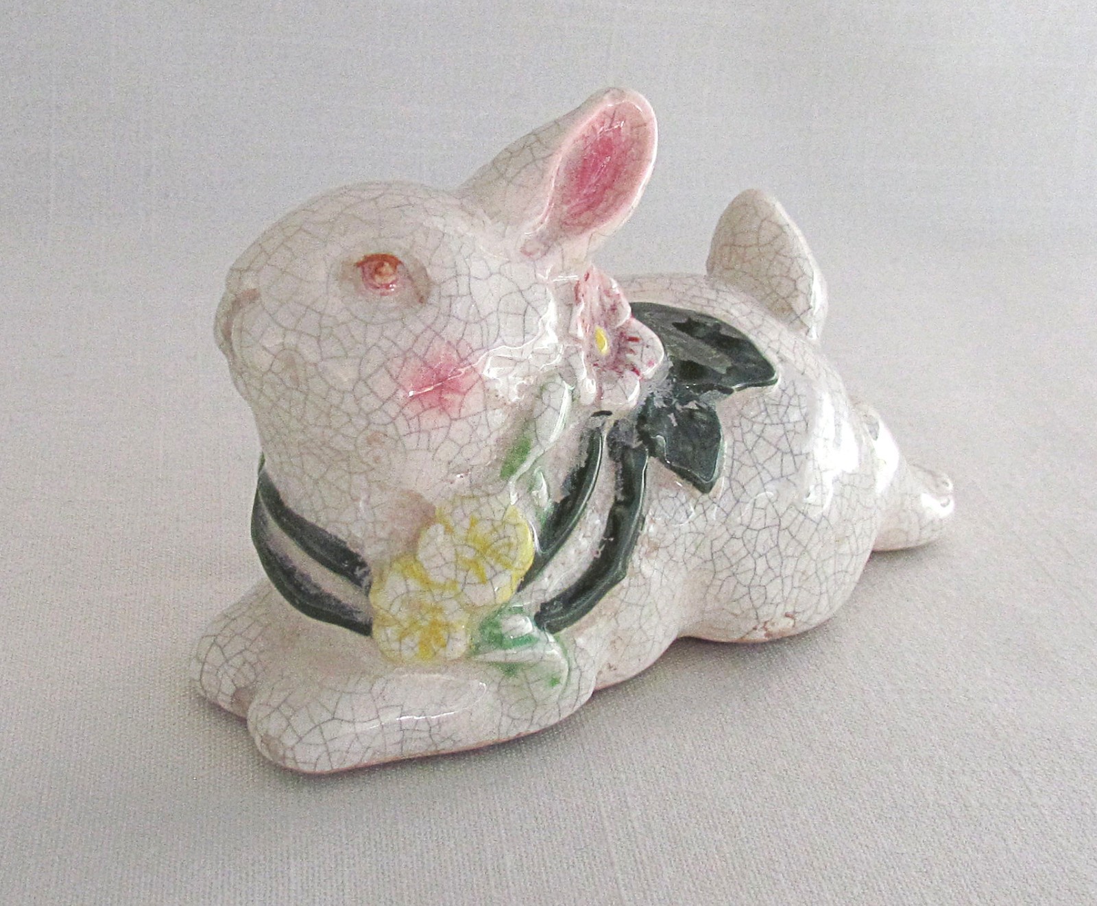 Vintage Antique Crackle Glaze Bunny Rabbit Hare Figurine Hand Painted Floral