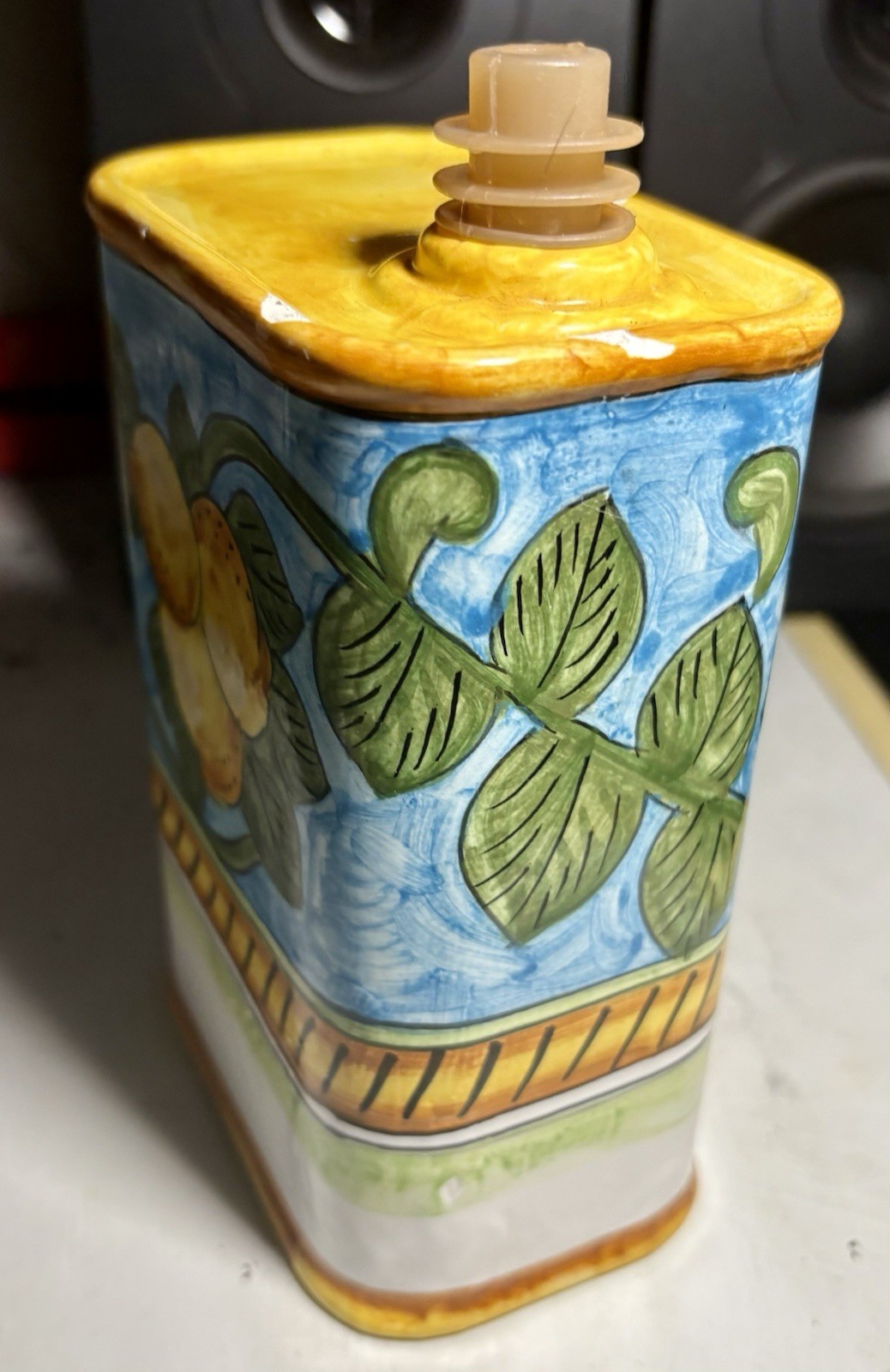 Italian Hand Painted Pottery Bottle Lemons Fruits Square Oil Vase 3 chips on top