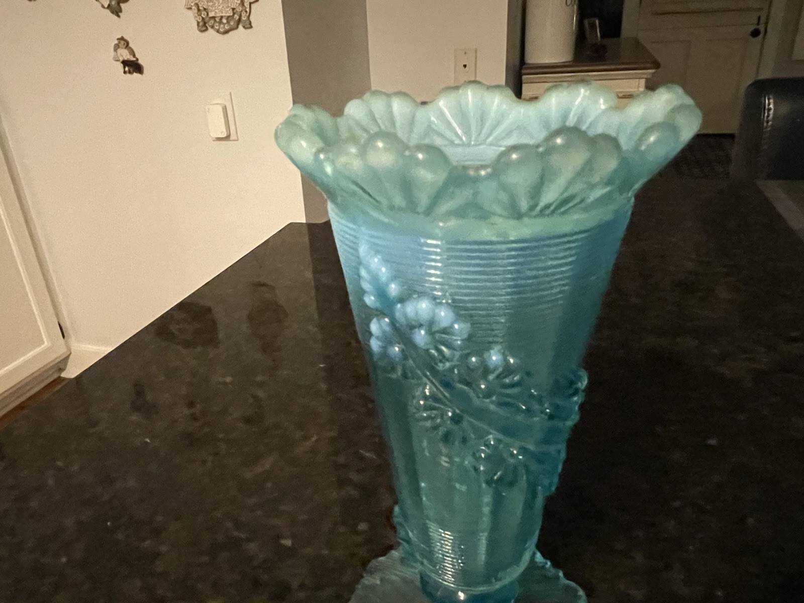 Northwood Fluted Aqua Blue Opalescent Glass w/Flowers Footed Vase~Vintage~