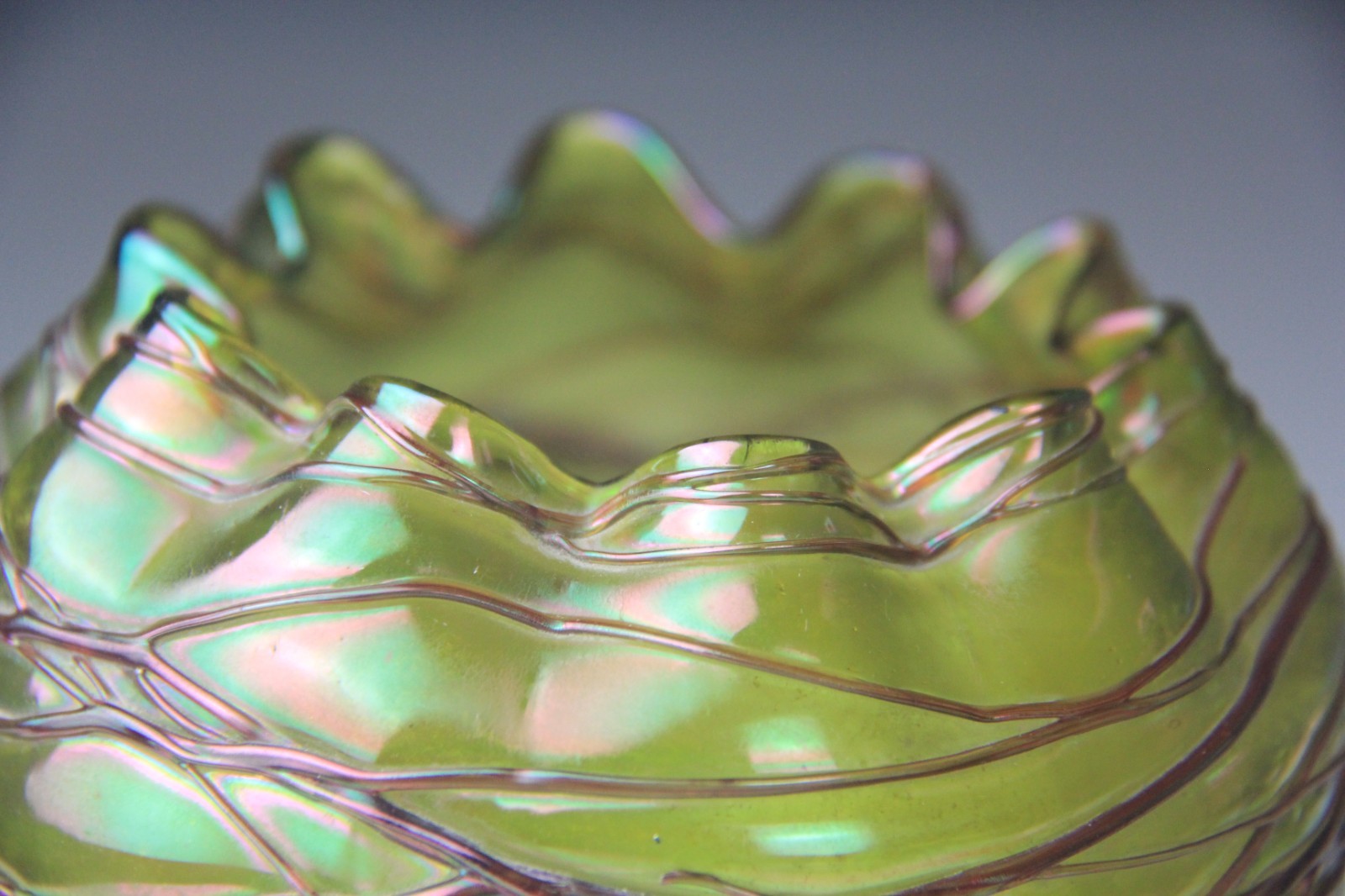 Kralik Veined Green Iridescent Vase Mounted on Unique Alligator Base Rare!!!