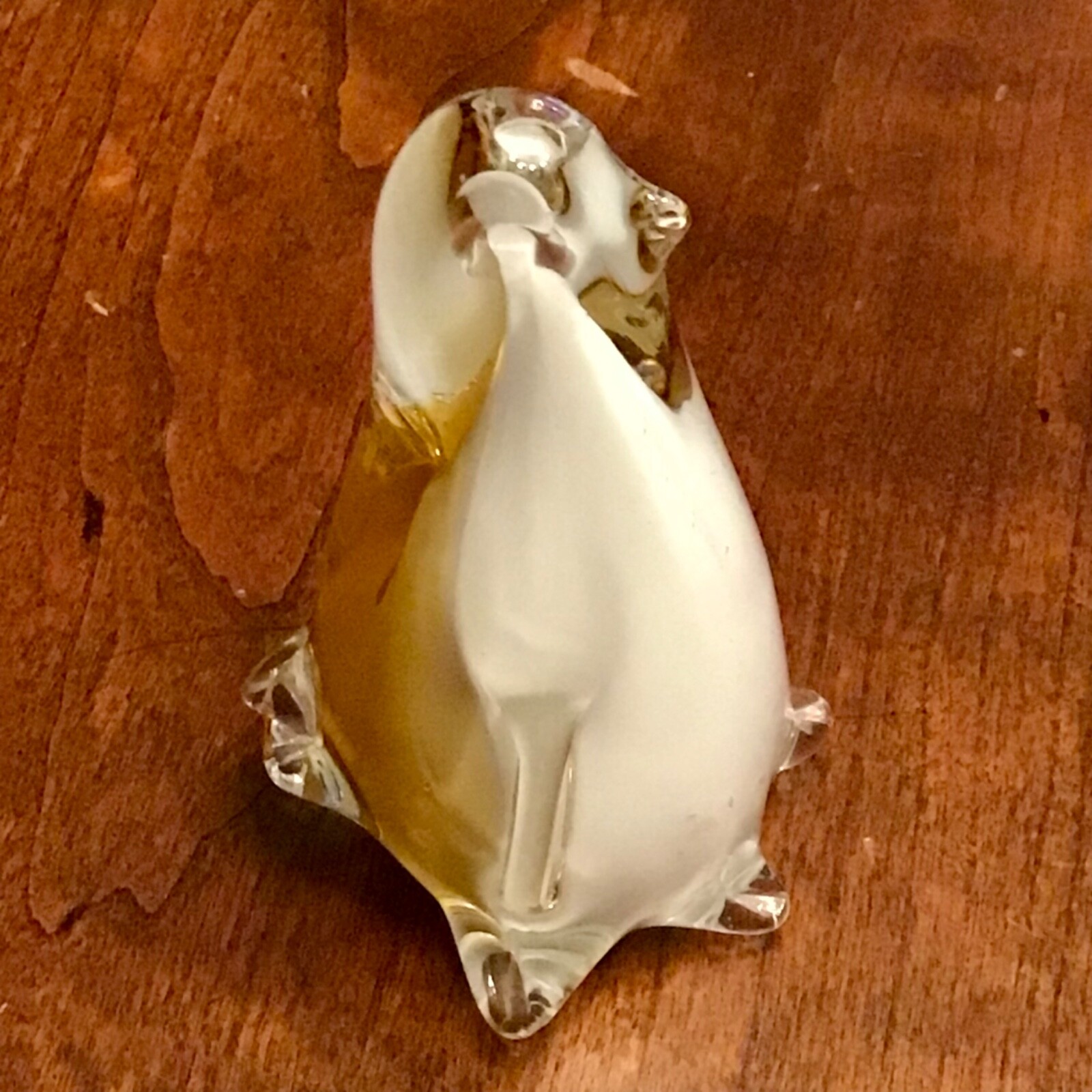 Murano Style Art Glass PENGUIN Figurine Paperweight Cased Clear White & Amber