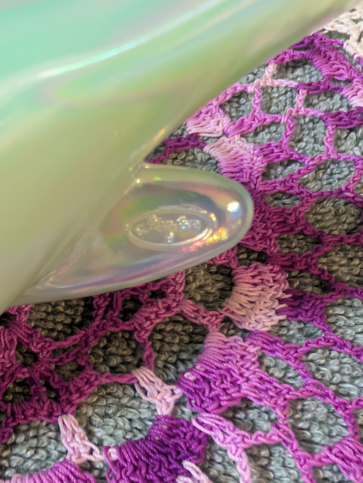 Vintage Fenton Glass “Bird Of Happiness” Mint Green Satin Glass Violet Berries