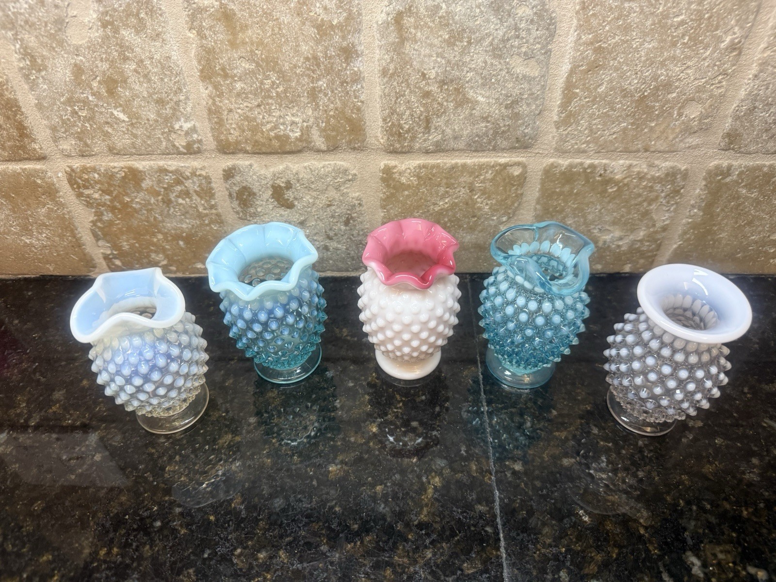VTG LOT of 5 FENTON USA Hobnail Art Glass Flower Bud Vase Blue Peach White
