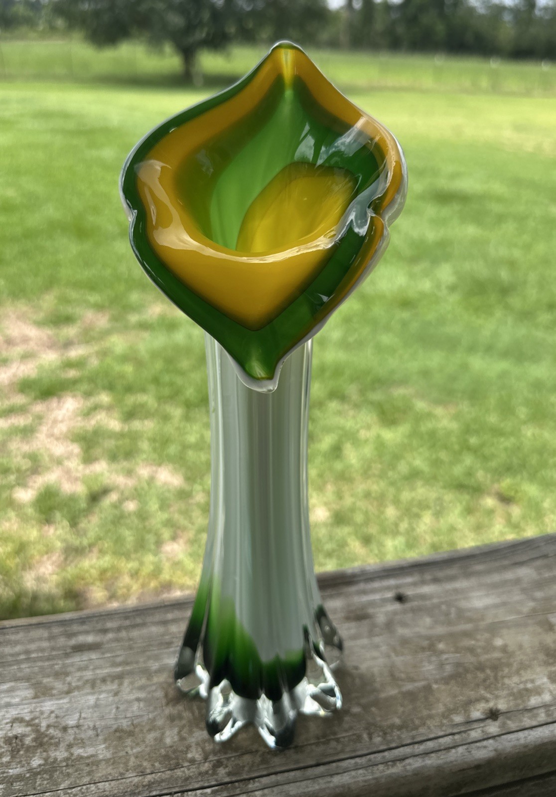 Vintage Jack-in-the-pulpit Shape with Vibrant Yellow Green & White Glass Vase
