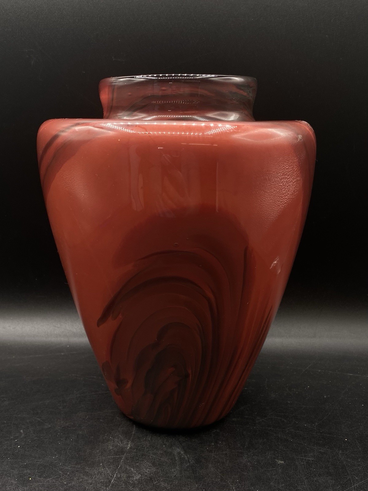 2005 Art Glass Artist Signed Dayne L Large Red Swirl Vase Vintage 8.5”