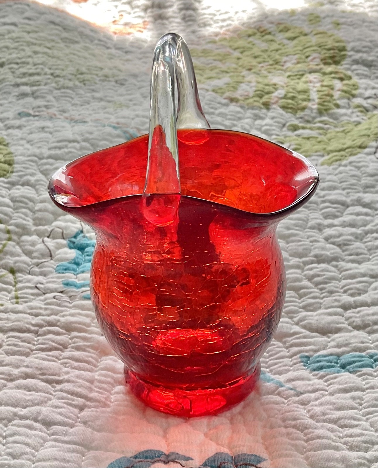 Vintage, Pilgrim Handblown Glass, Basket, Orange Red, Crackled Glass, 5″!