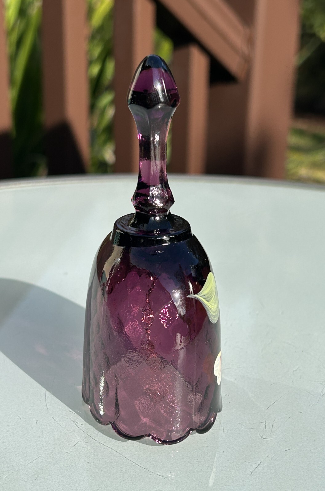 Fenton Plum Faceted Glass Bell Handpainted with Dogwood Flowers – Signed