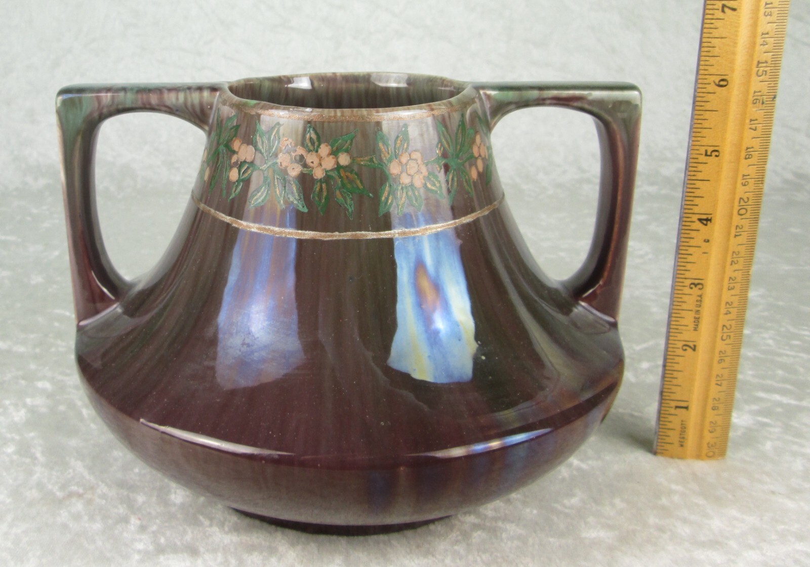 Haeger Pottery Art Deco 2 Handle Eve Vase Hand Painted Flowers 5-3/4in Tall