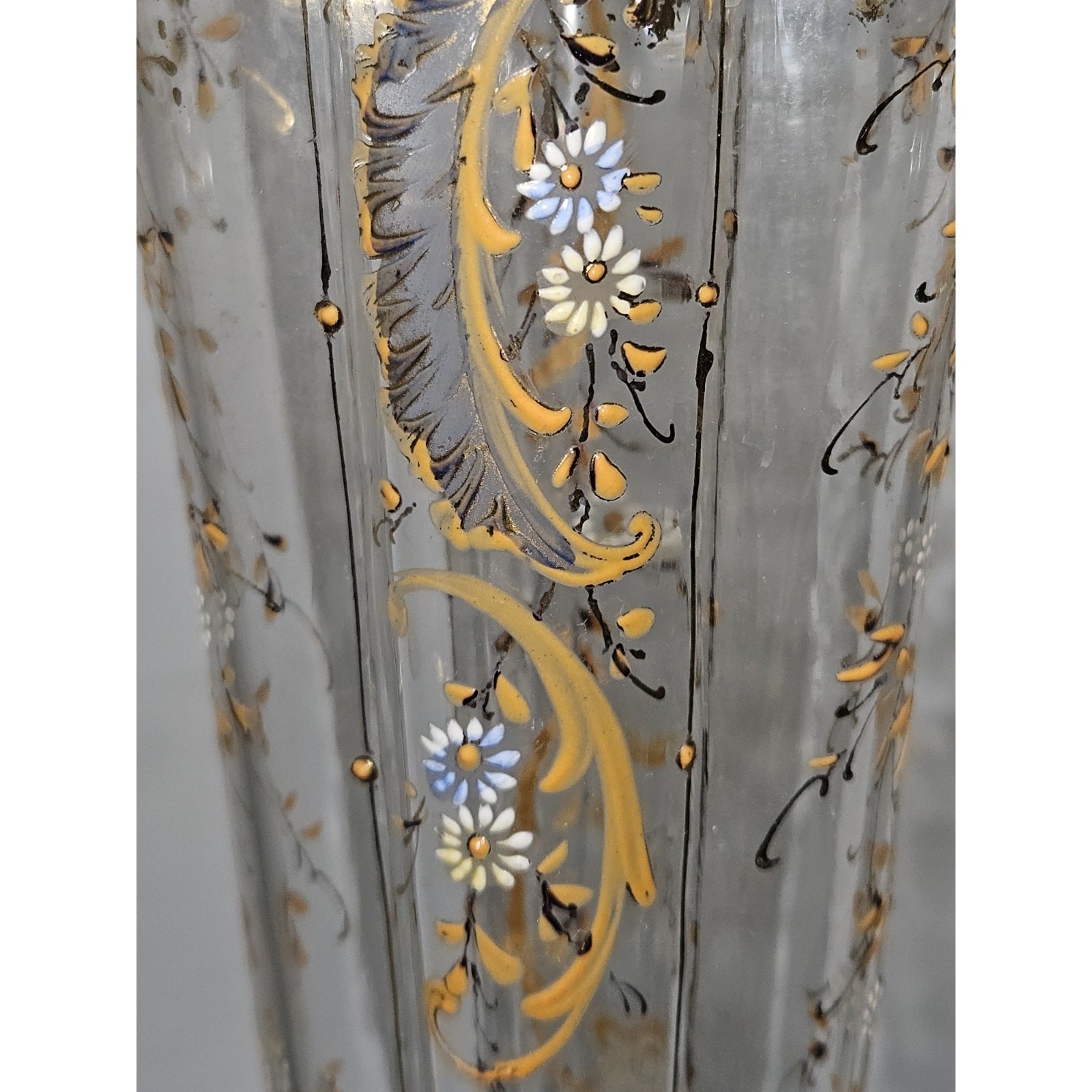 Vtg “Moser Style” Trumpet Clear Blown Glass Enameled Hand Painted Vase 10″