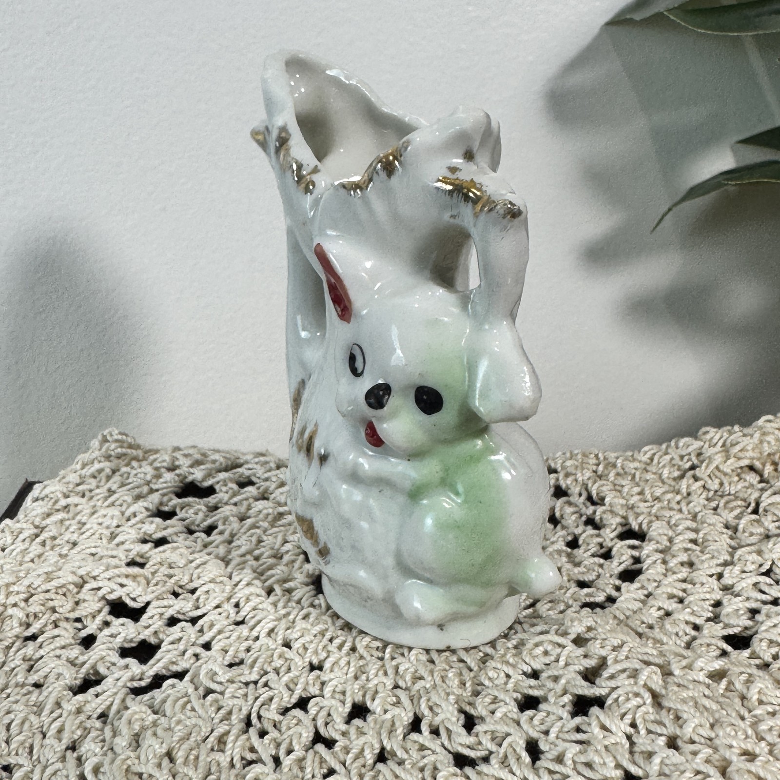 Vintage Japan White Ceramic Puppy Figurine Planter Vase Gold Accents Dog