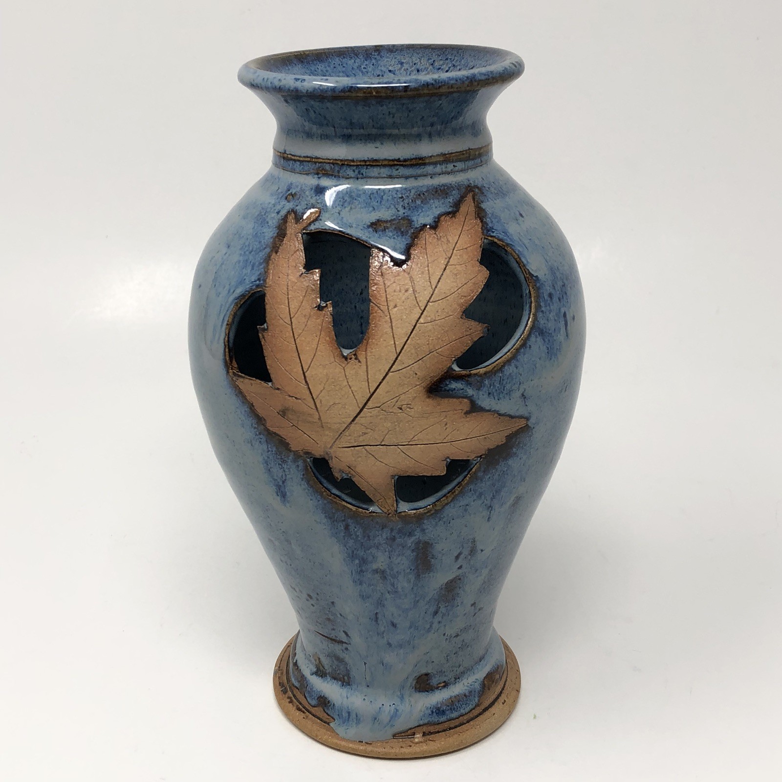 Nancy Fairbanks Pottery Vase Cutout Maple Leaf Blue 7.5″ Artisan Signed Autumn