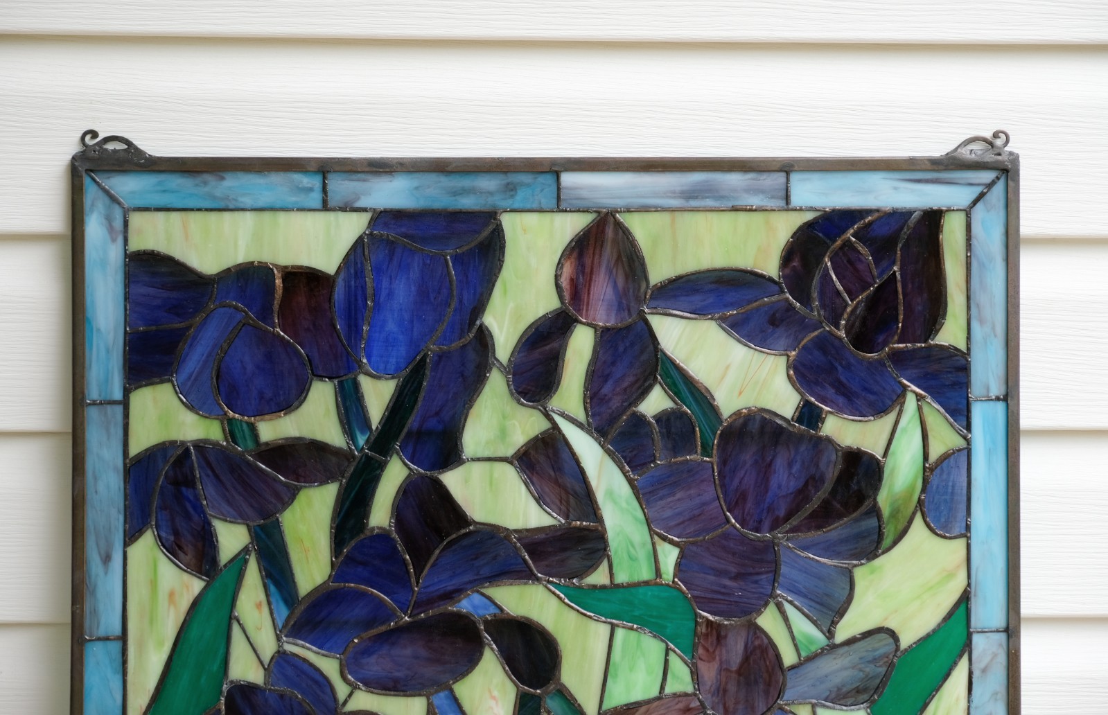 Tiffany Style stained glass window panel Iris Flowers, 24″ x 24″ HF575
